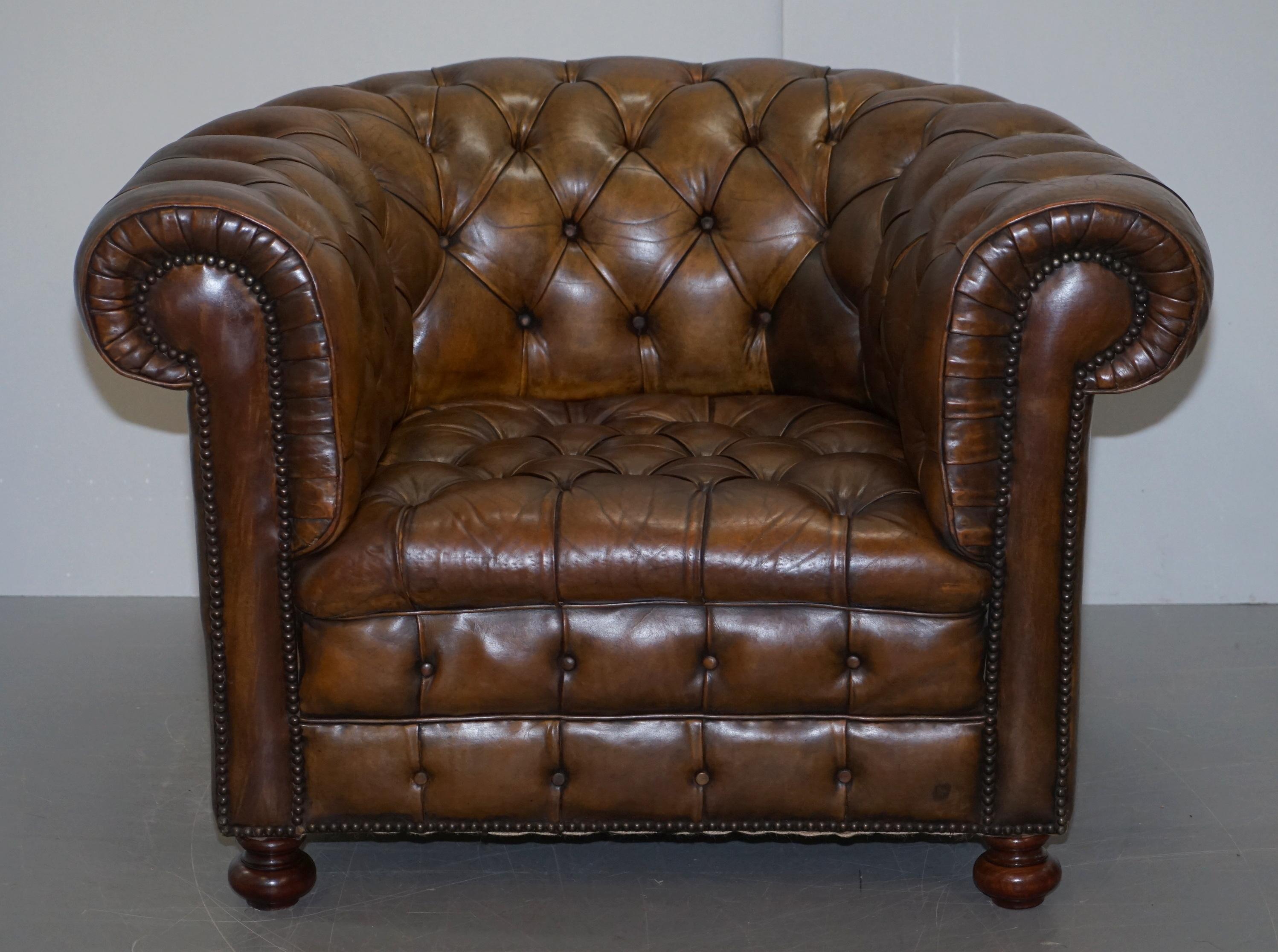 We are delighted to offer for sale this lovely original circa 1940s hand dyed cigar brown leather Chesterfield fully buttoned club armchair

A good looking and iconic piece of English furniture. Known the world over as one of the most