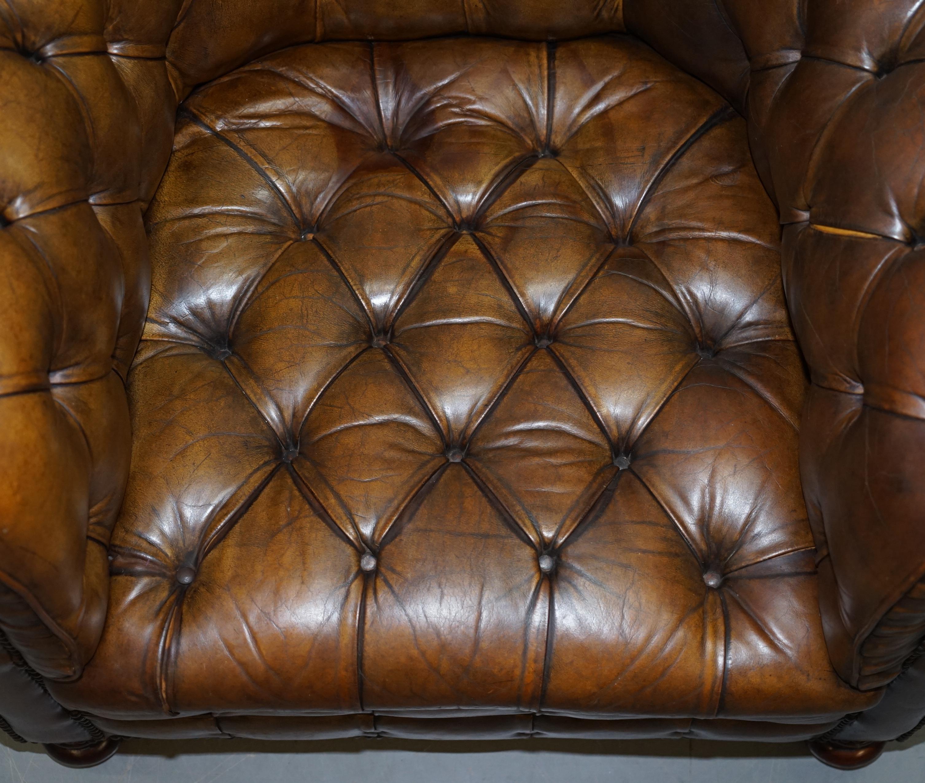 Hand-Crafted Hand Dyed Brown Leather Fully Buttoned Chesterfield Club Armchair, circa 1940s