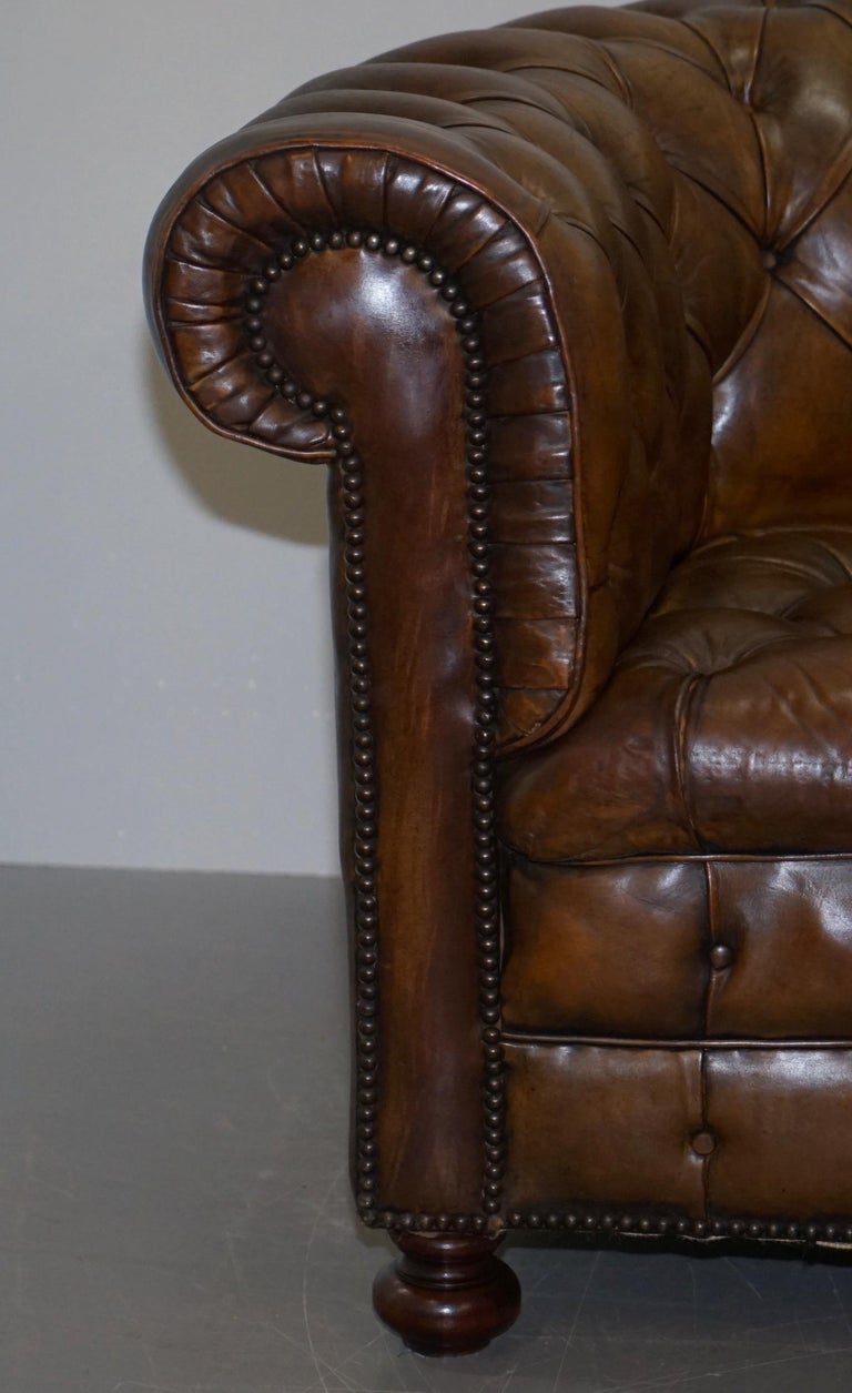 Hand Dyed Brown Leather Fully Buttoned Chesterfield Club Armchair, circa 1940s 3