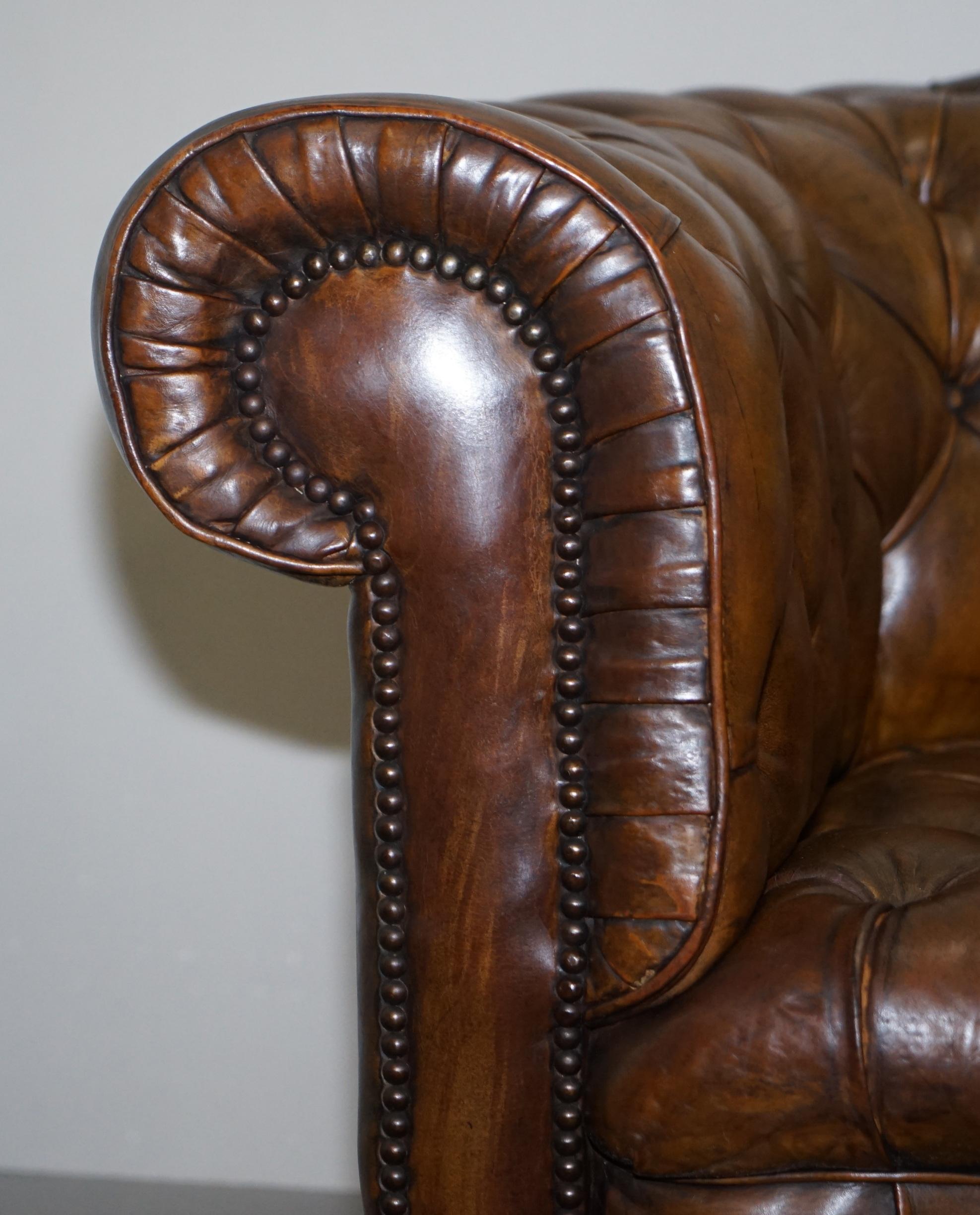 Hand Dyed Brown Leather Fully Buttoned Chesterfield Club Armchair, circa 1940s 3