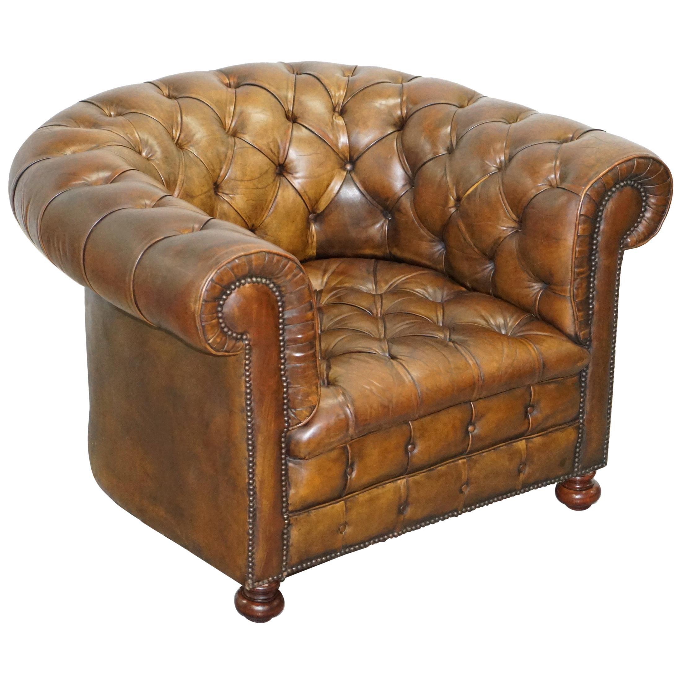 Hand Dyed Brown Leather Fully Buttoned Chesterfield Club Armchair, circa 1940s
