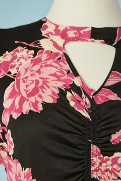 Circa 1940's jersey cocktail dress with pink flowers printed