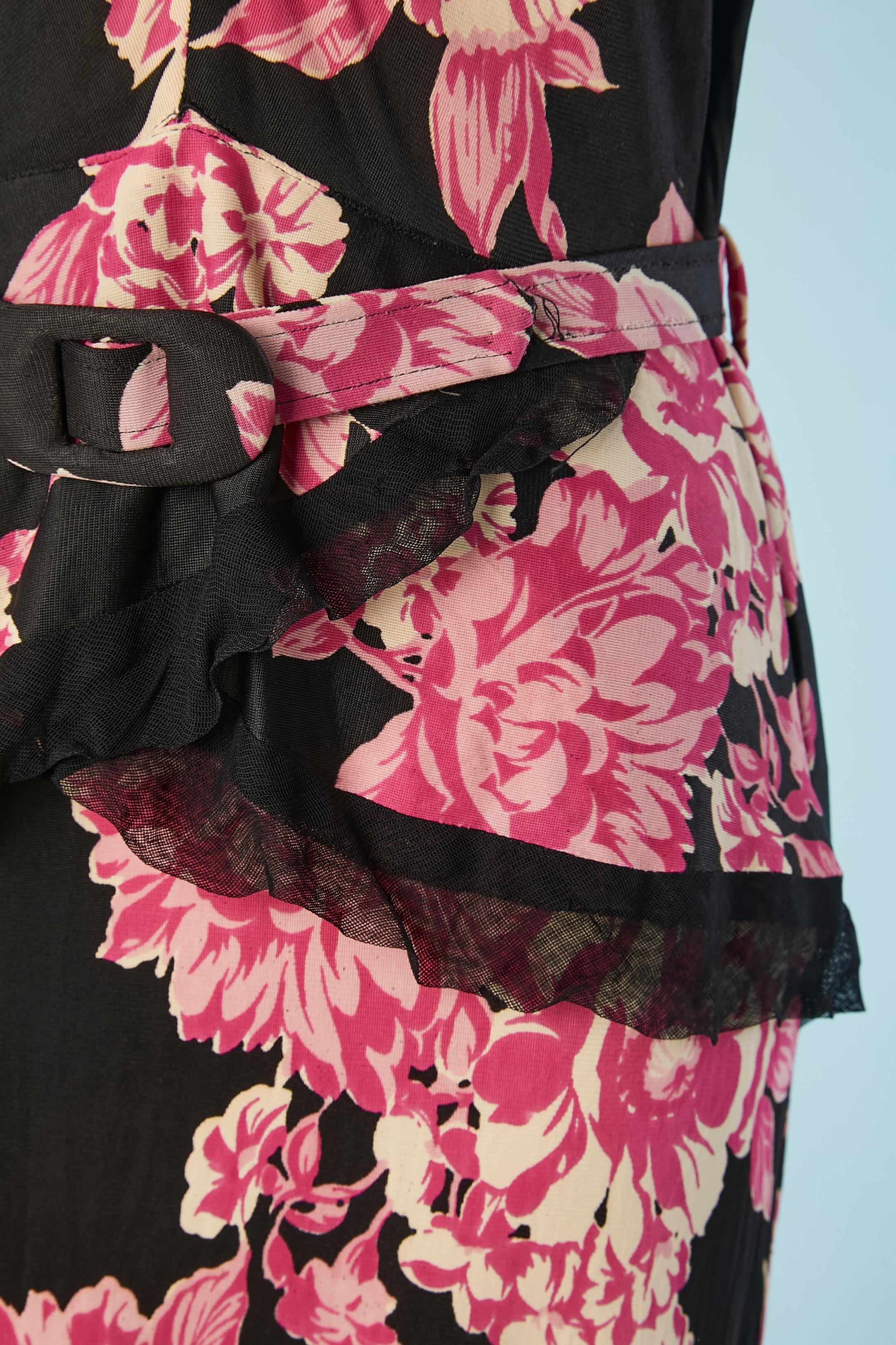 Black Circa 1940's jersey cocktail dress with pink flowers printed For Sale