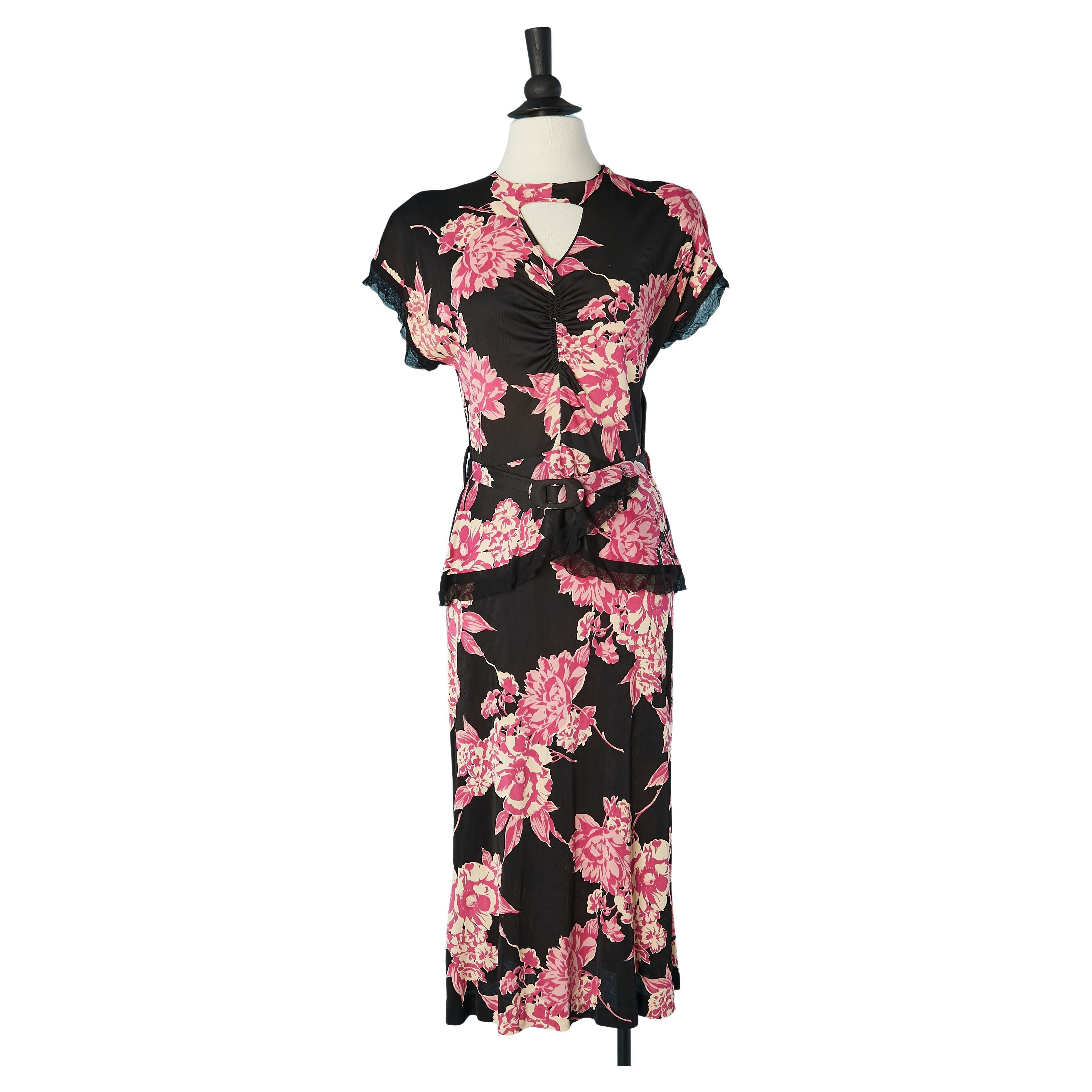 Circa 1940's jersey cocktail dress with pink flowers printed For Sale