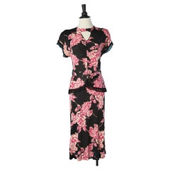 Circa 1940's jersey cocktail dress with pink flowers printed