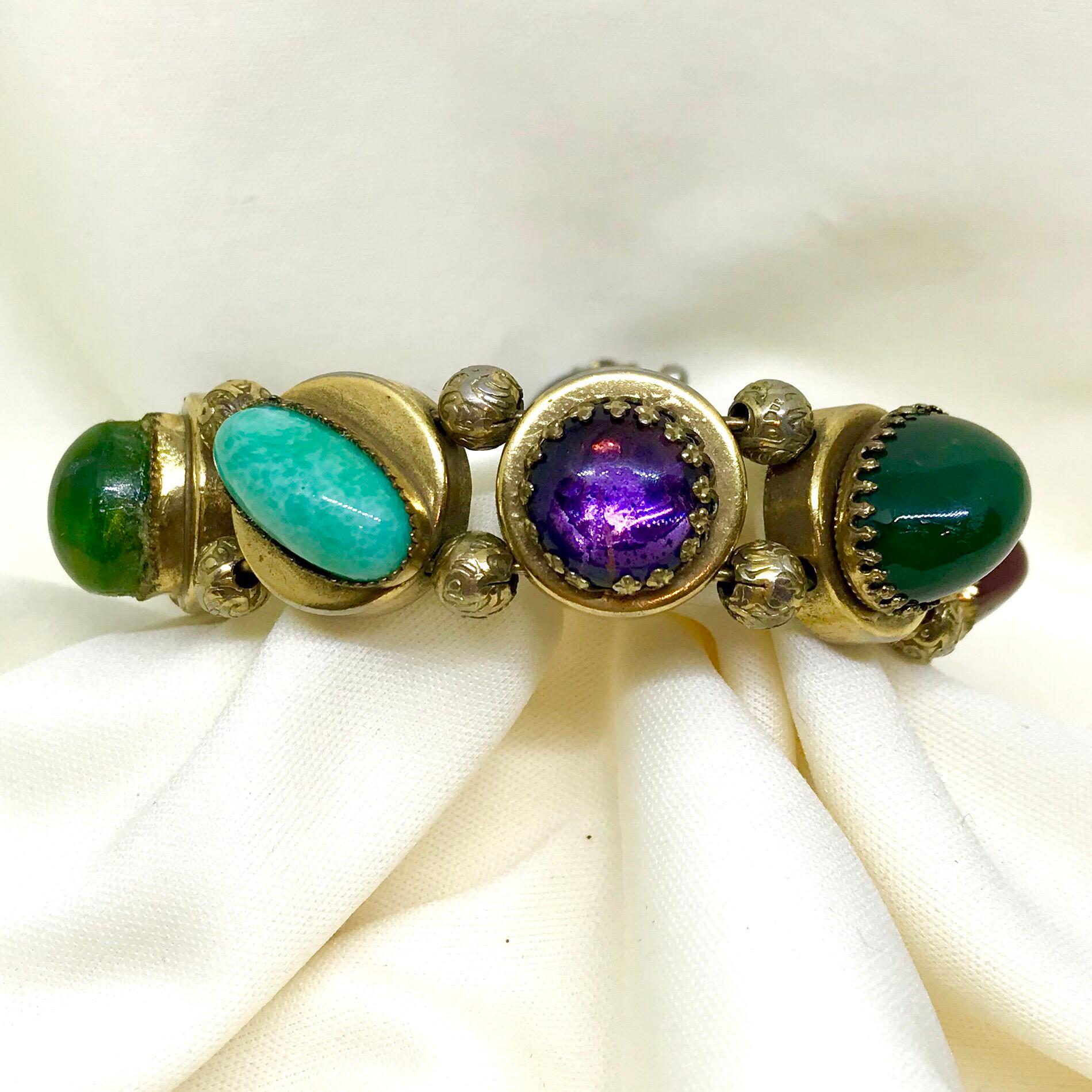 Circa 1940s Jewel Tone Glass Cabochon Wrap Bracelet With Snake Motif 1