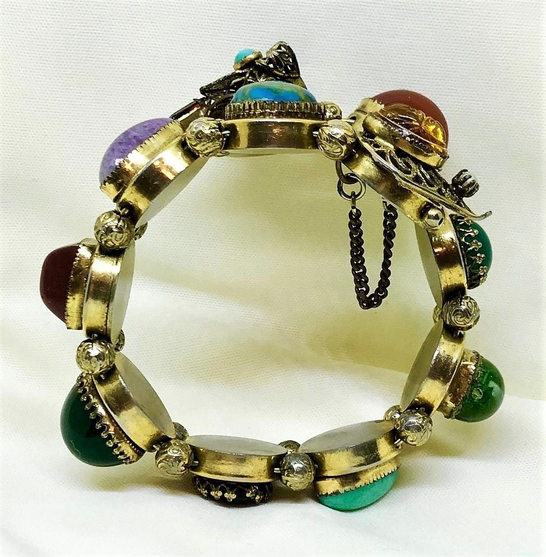 Circa 1940s Jewel Tone Glass Cabochon Wrap Bracelet With Snake Motif 2