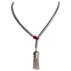 Circa 1940s Kreisler Silver Plated Tassel Necklace With Jeweled Clasp