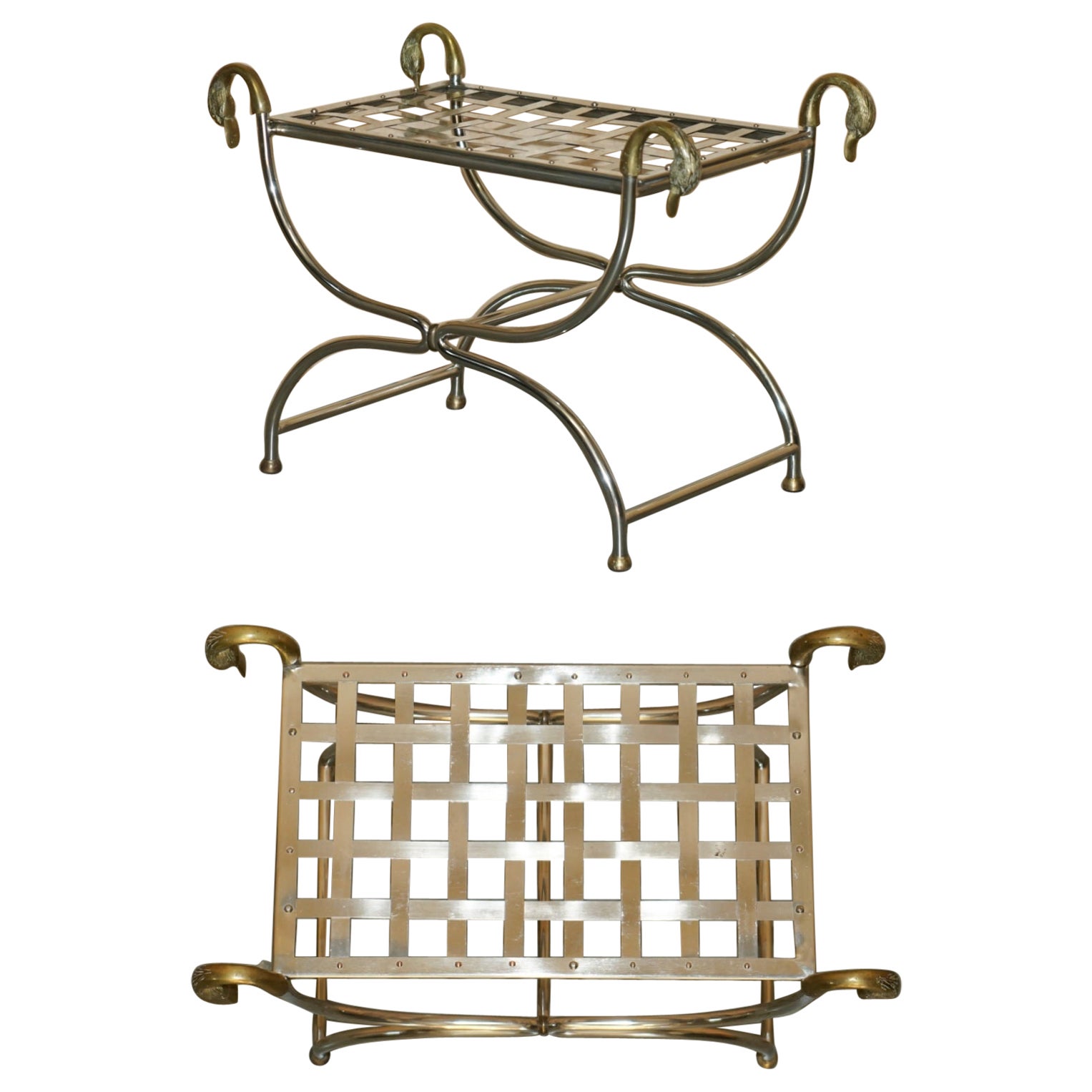 MAISON JANSEN DUCK / SWAN HEADSIDE TABLE CIRCA 1940'S POLISÉ CHROME & BRASS en vente