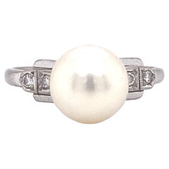 Circa 1940s Mikimoto Pearl and Diamond Ring in 14K White Gold