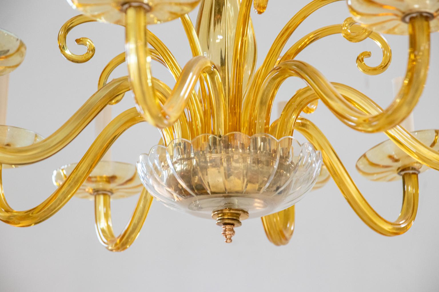 Circa 1940s Murano Amber Chandelier In Good Condition In Stamford, CT