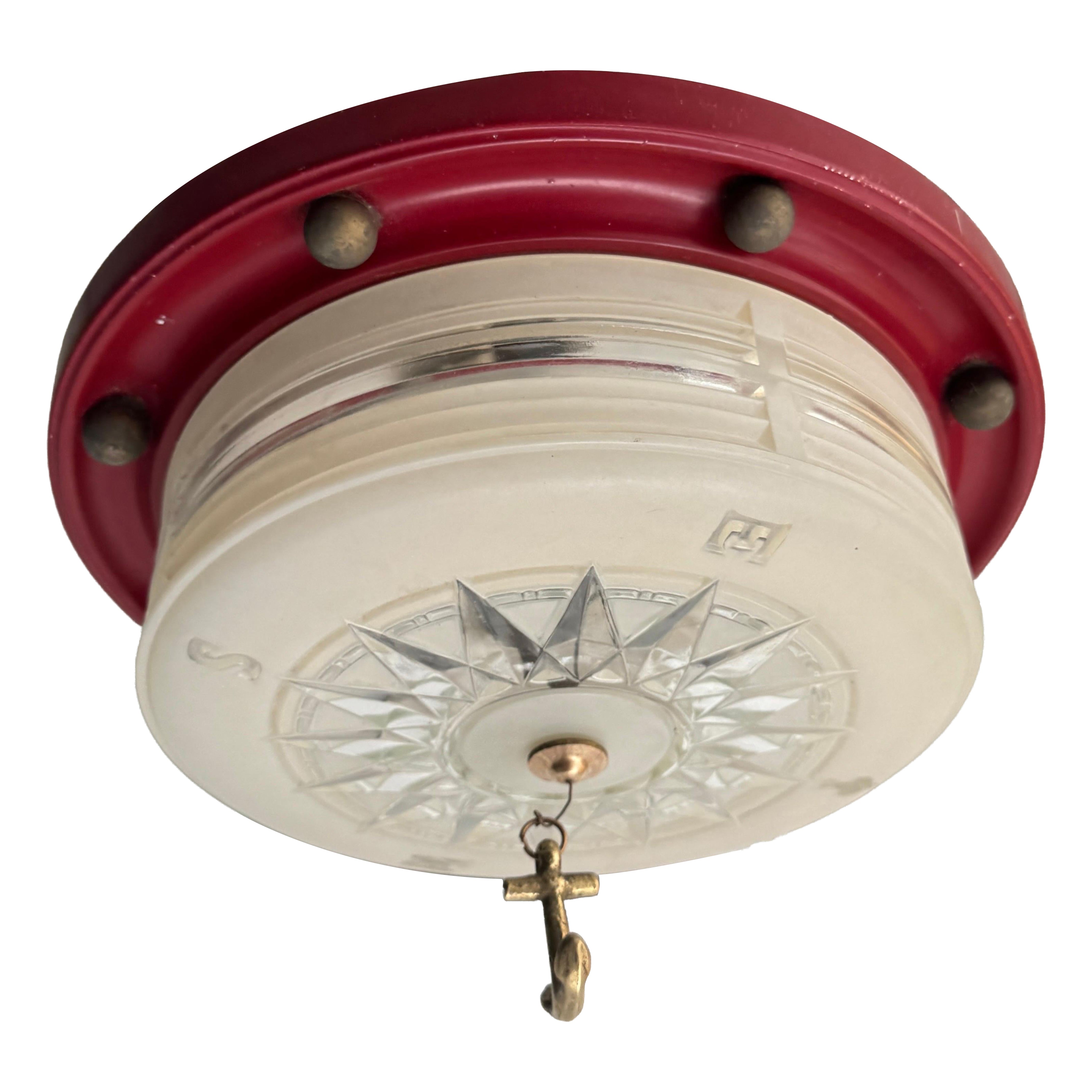 Circa 1940s Nautical Lightolier Flush Mount Light Fixture For Sale