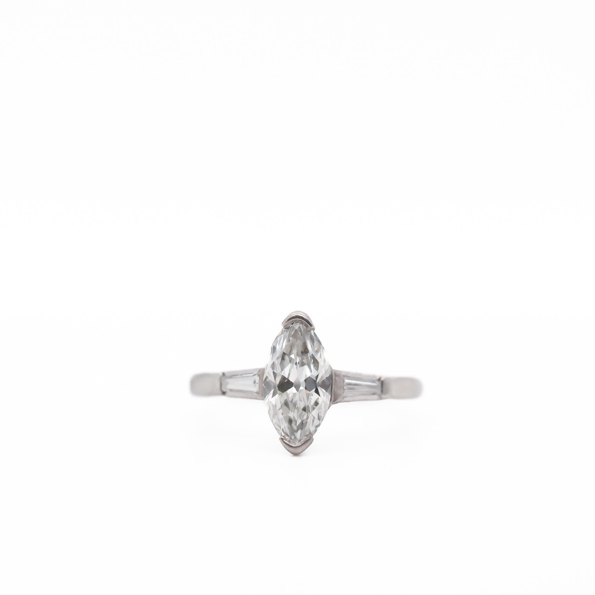 Year: 1940s
Item Details:
Ring Size: 6.5
Metal Type: Platinum [Hallmarked, and Tested]
Weight: 4 grams
Center Diamond Details:
GIA Report#: 2235388341
Weight: 1.21ct total weight
Cut: Antique “moval” Marquise
Color: H
Clarity: SI1
Type:
