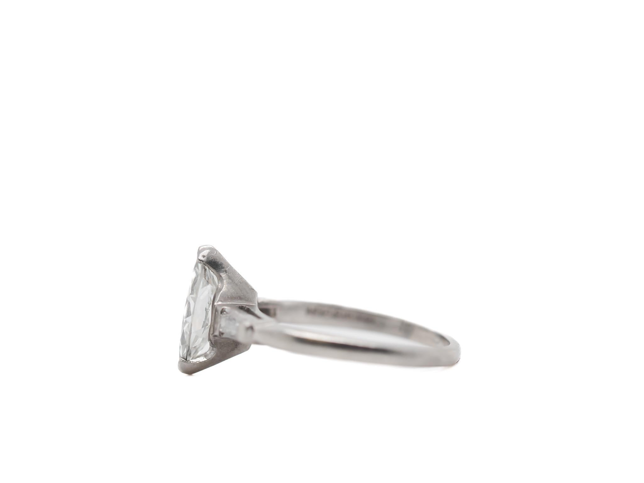 Marquise Cut Circa 1940s Platinum Antique Moval 1.21ct GIA Diamond Engagement Ring For Sale