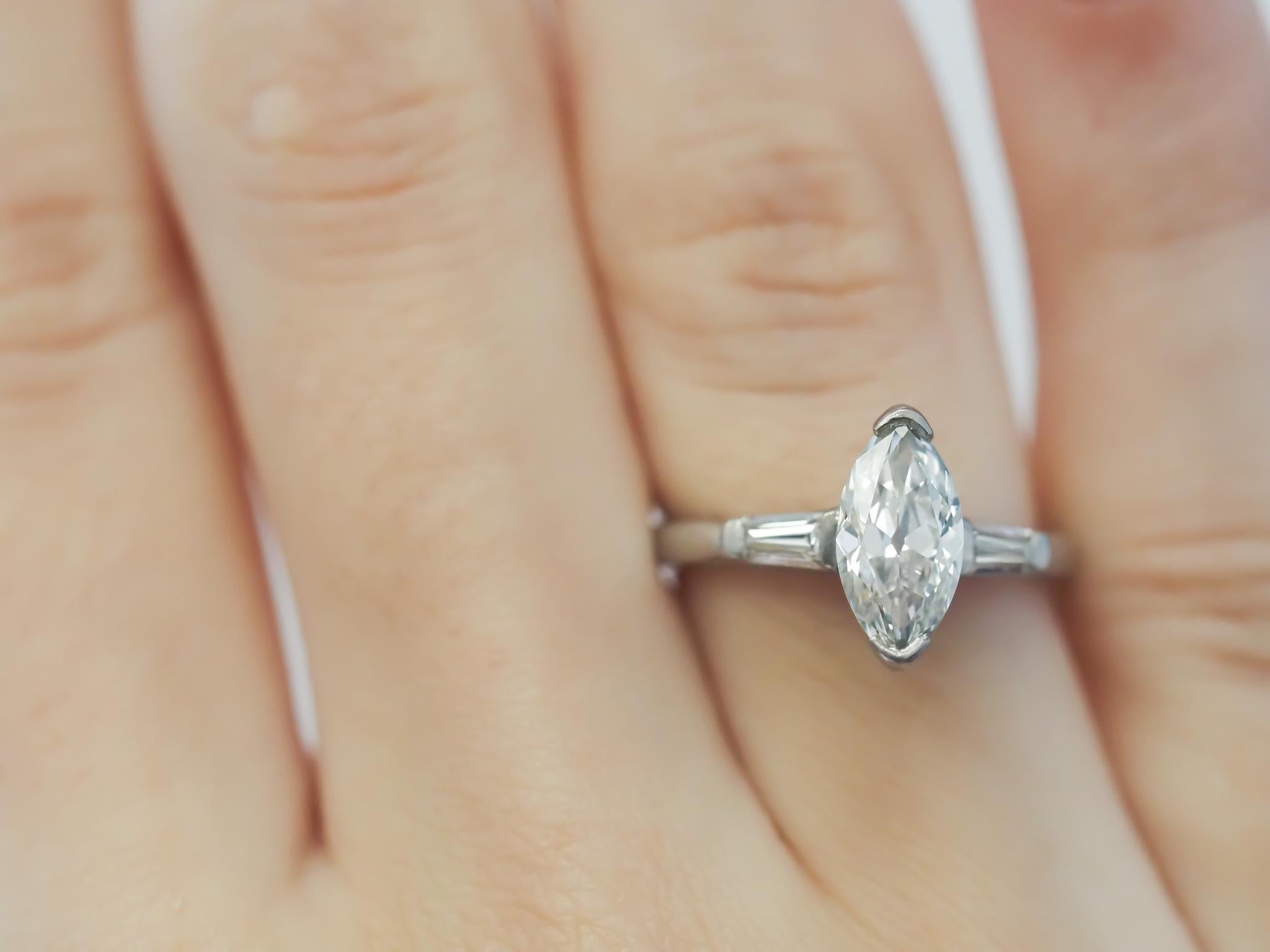 Circa 1940s Platinum Antique Moval 1.21ct GIA Diamond Engagement Ring For Sale 4