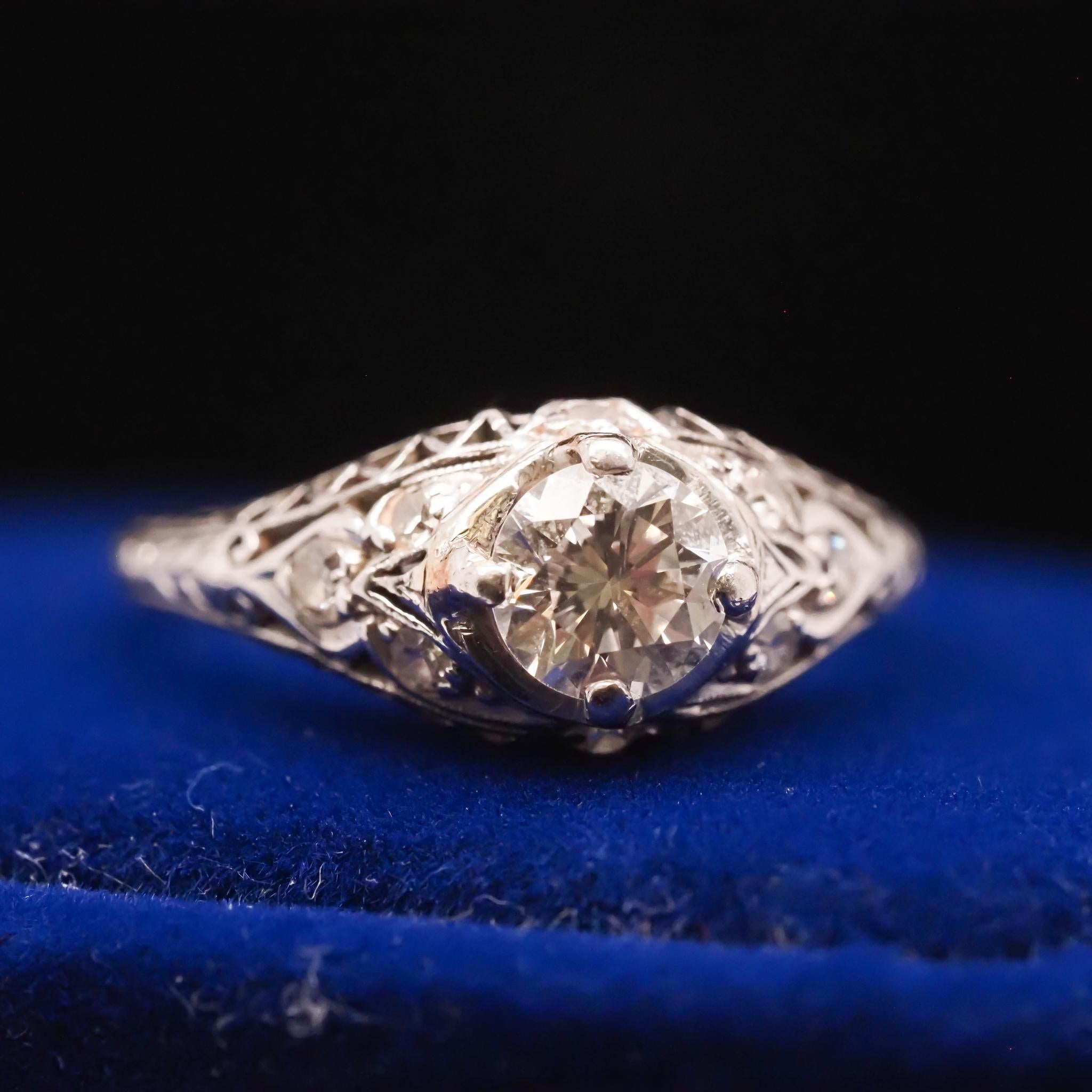 Circa 1940s Platinum Filigree .60ct Transitional Round Diamond Engagement Ring For Sale 5