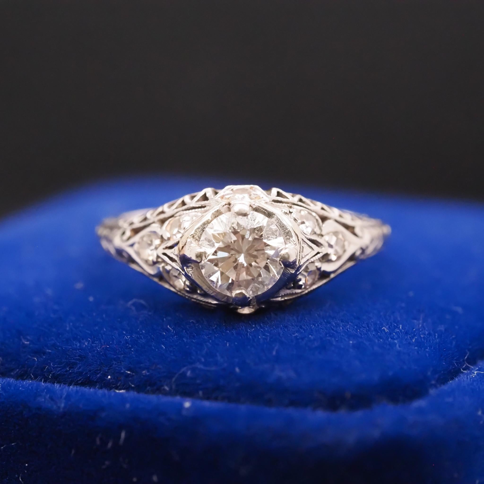 Circa 1940s Platinum Filigree .60ct Transitional Round Diamond Engagement Ring For Sale 6