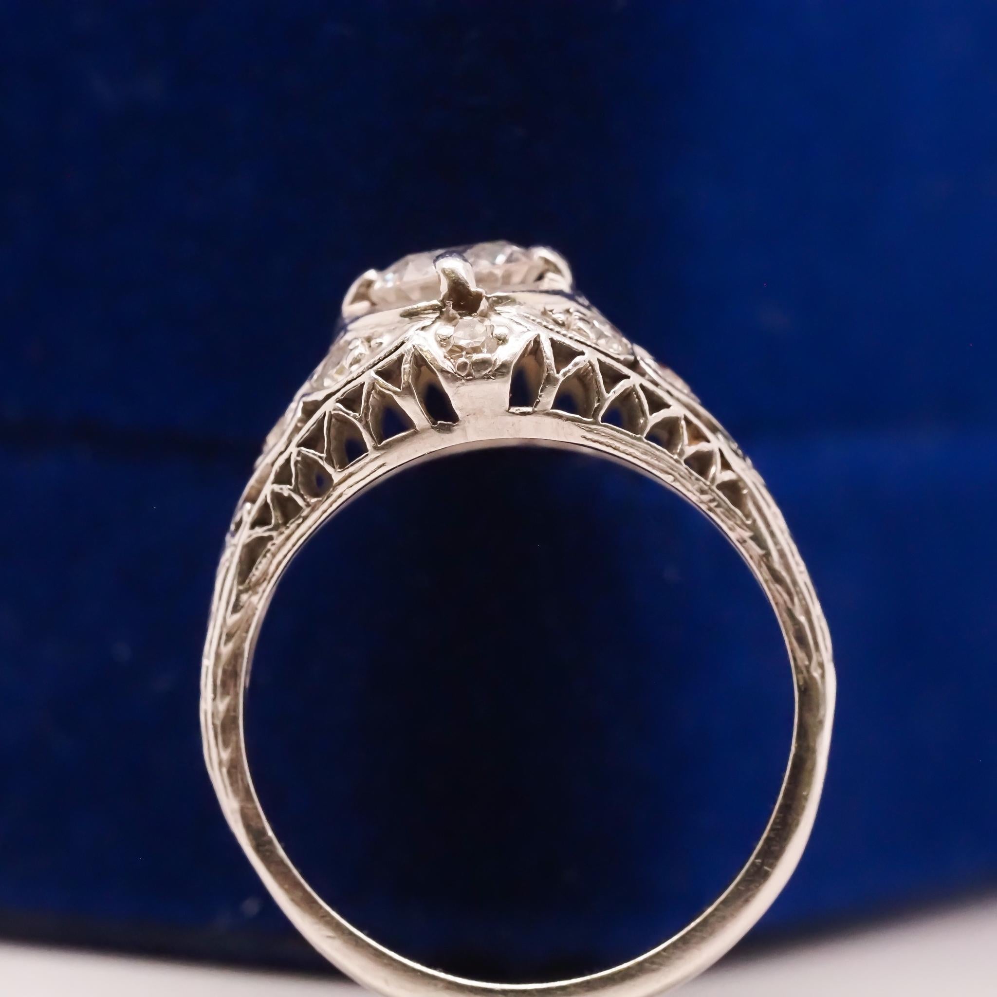 Round Cut Circa 1940s Platinum Filigree .60ct Transitional Round Diamond Engagement Ring For Sale