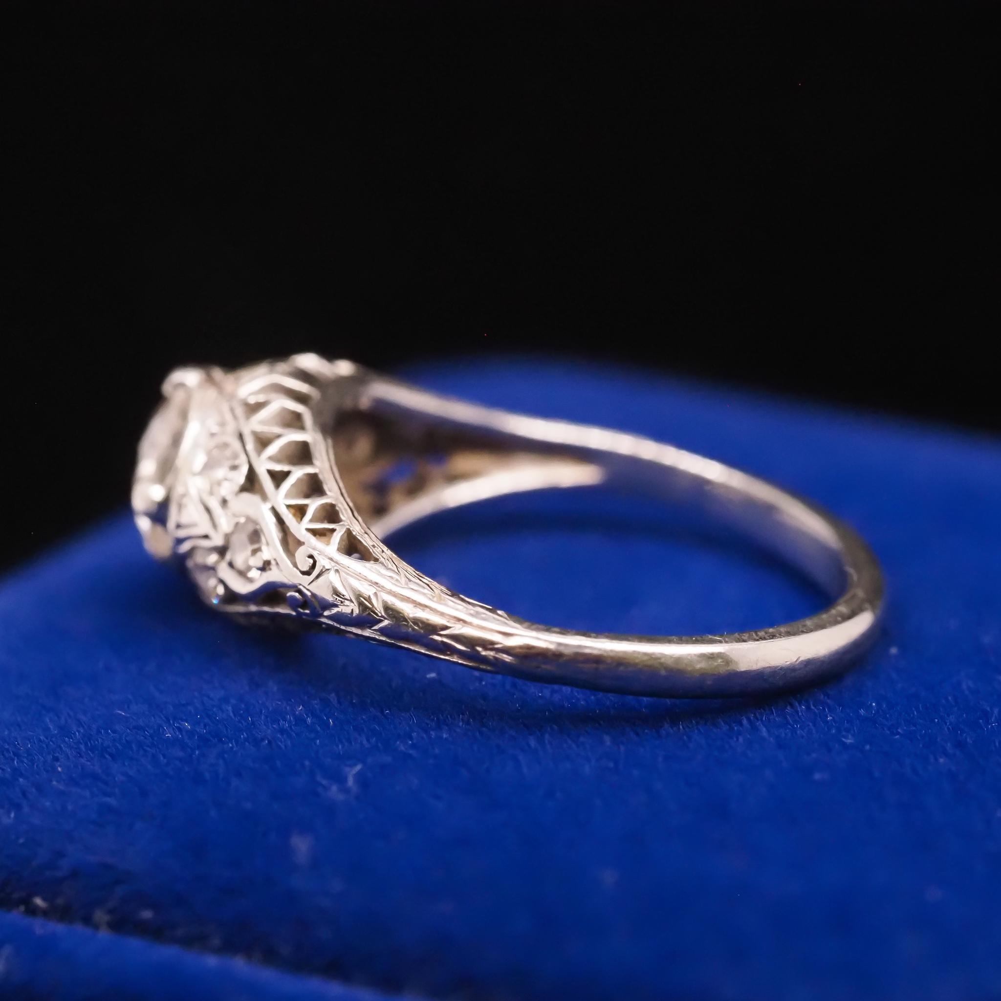 Circa 1940s Platinum Filigree .60ct Transitional Round Diamond Engagement Ring For Sale 1