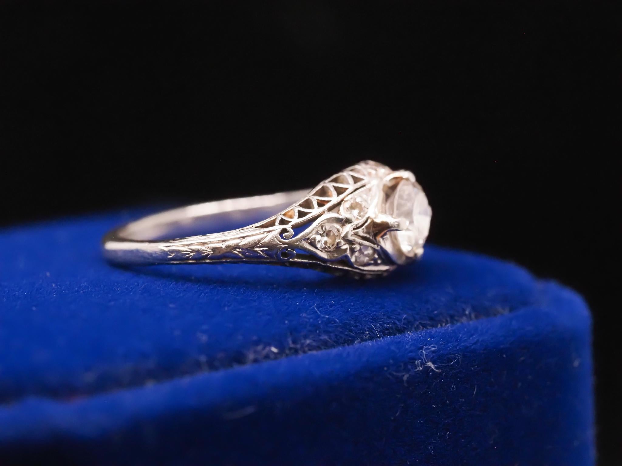 Circa 1940s Platinum Filigree .60ct Transitional Round Diamond Engagement Ring For Sale 2