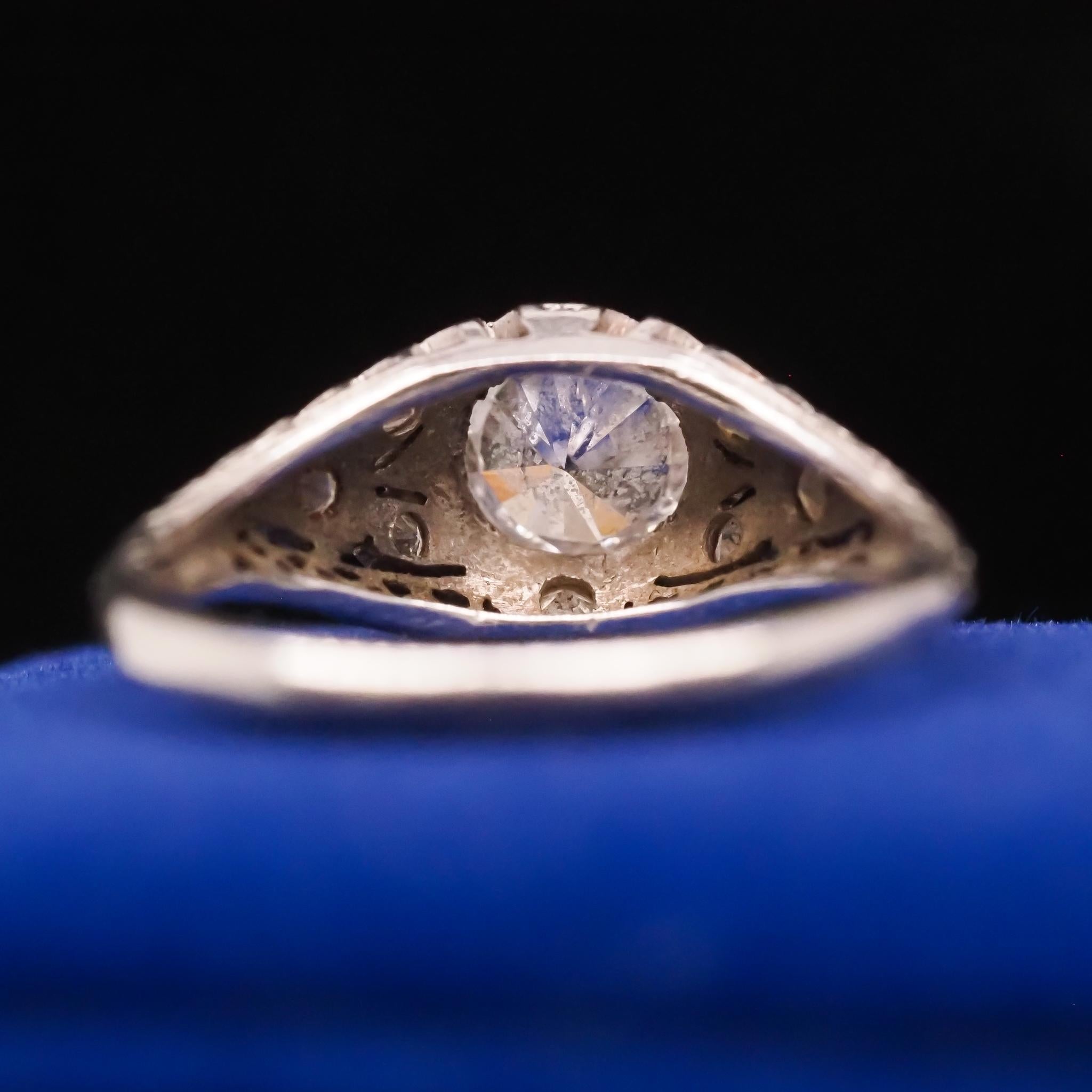 Circa 1940s Platinum Filigree .60ct Transitional Round Diamond Engagement Ring For Sale 3