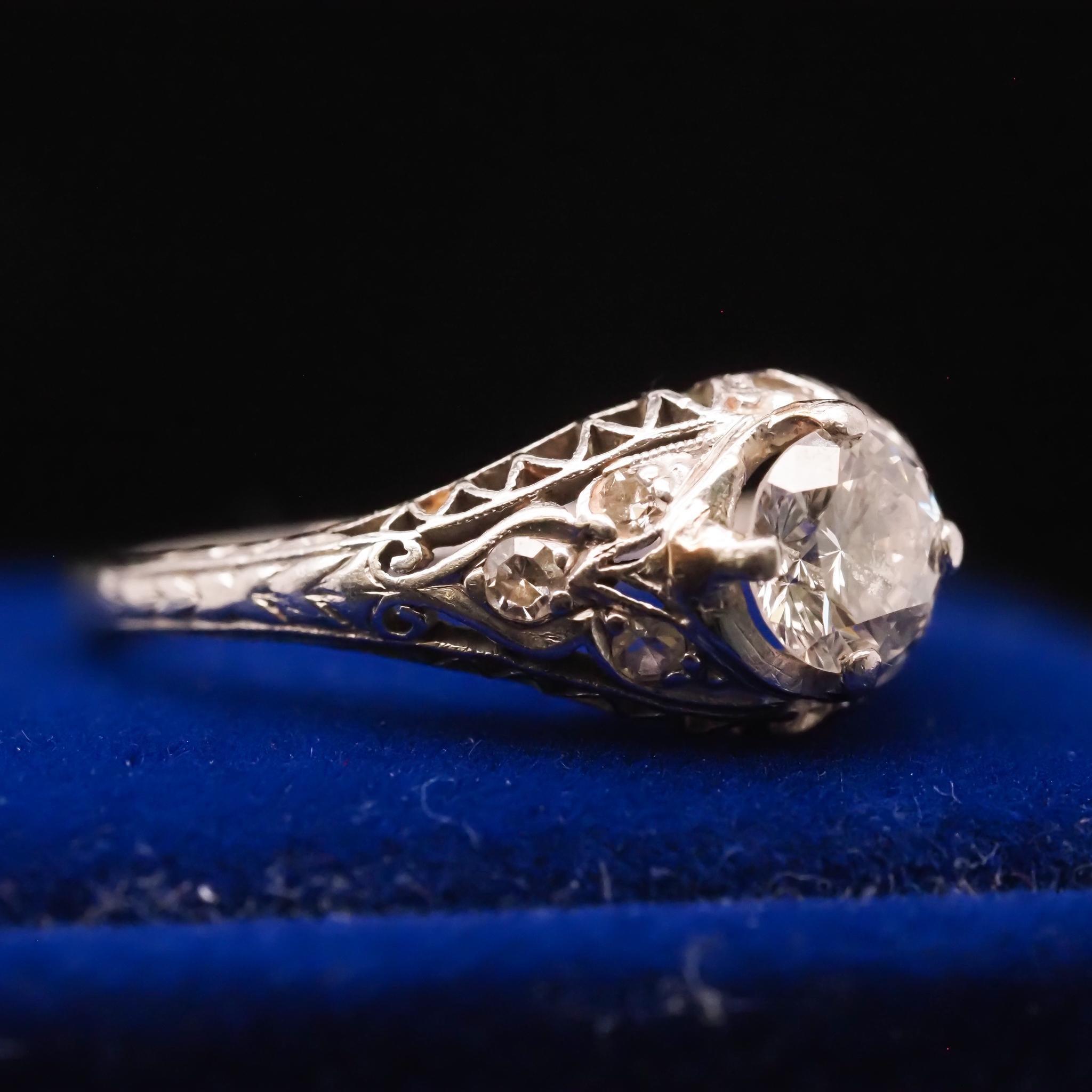Circa 1940s Platinum Filigree .60ct Transitional Round Diamond Engagement Ring For Sale 4