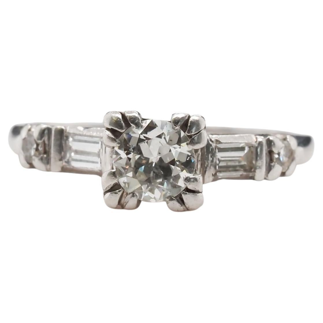 Circa 1940s Platinum Vintage .50ct Center Old European Brilliant Engagement Ring For Sale