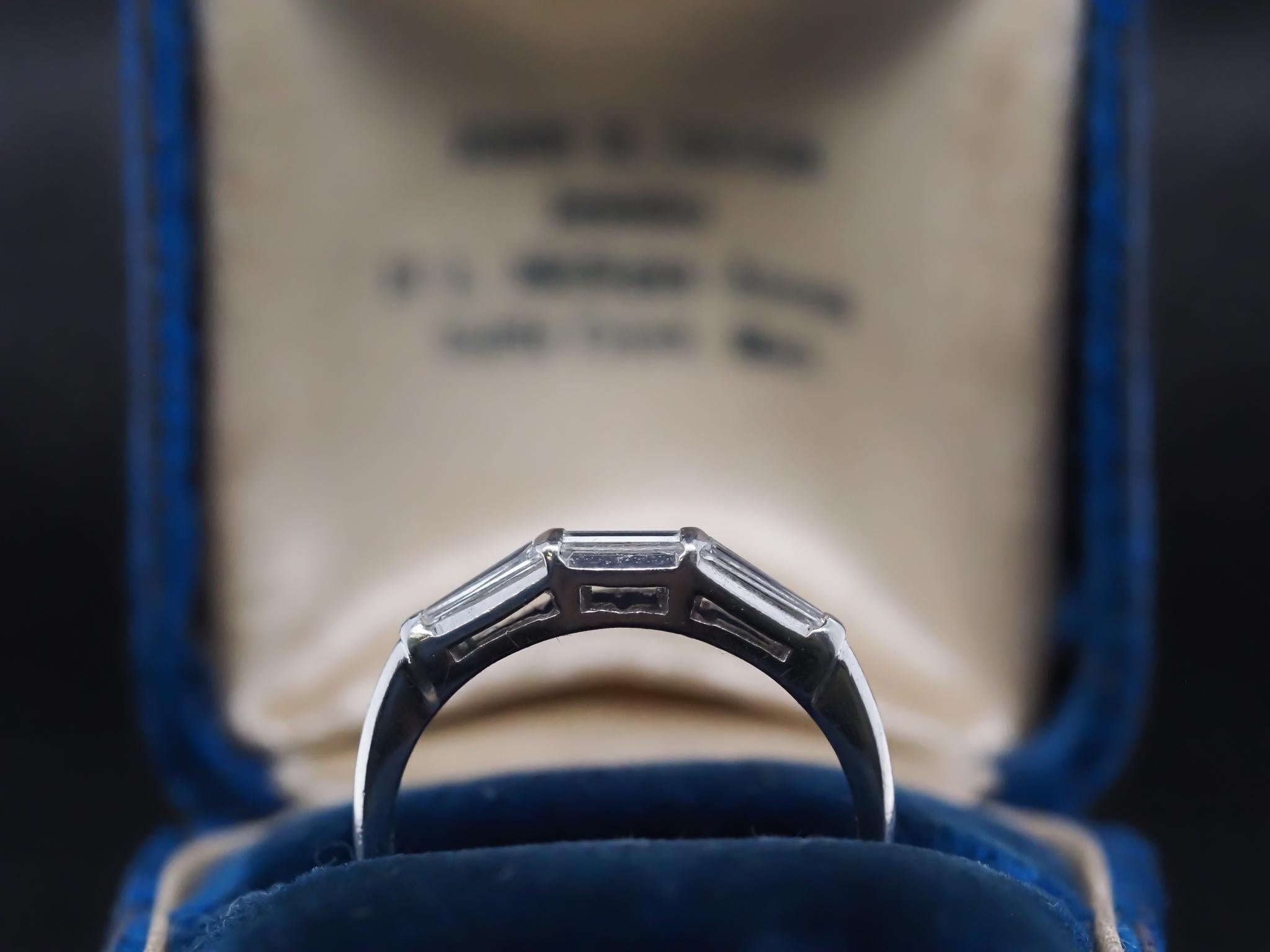 Circa 1940s Platinum Vintage Baguete Diamond Band Ring In Good Condition For Sale In Hicksville, NY