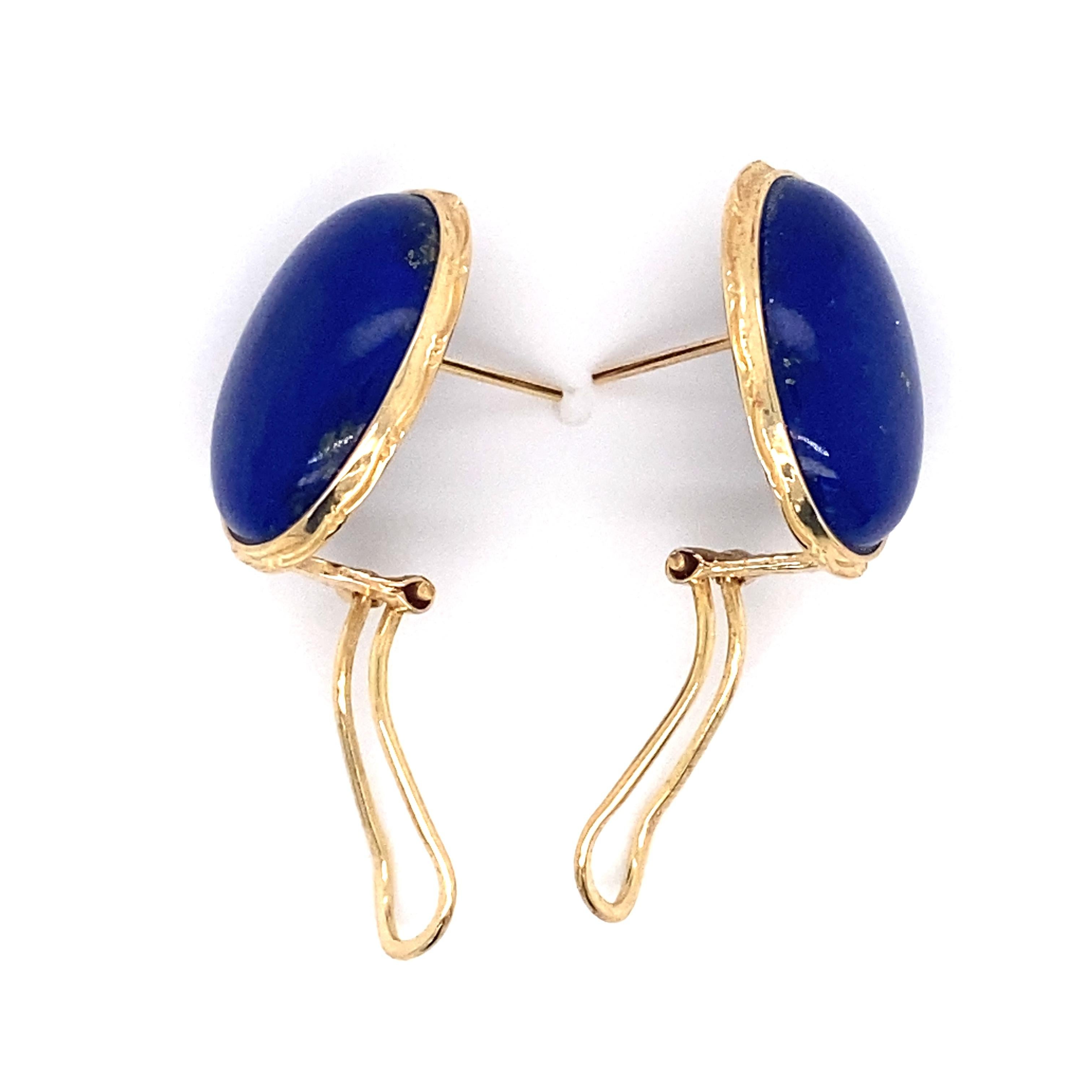 Circa 1940s Polished Lapis Lazuli Cabochon Earrings in 14K Gold 1