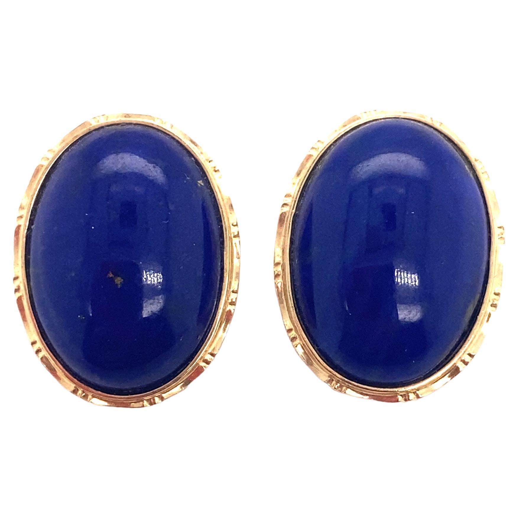 Circa 1940s Polished Lapis Lazuli Cabochon Earrings in 14K Gold