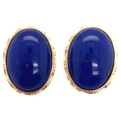 Circa 1940s Polished Lapis Lazuli Cabochon Earrings in 14K Gold