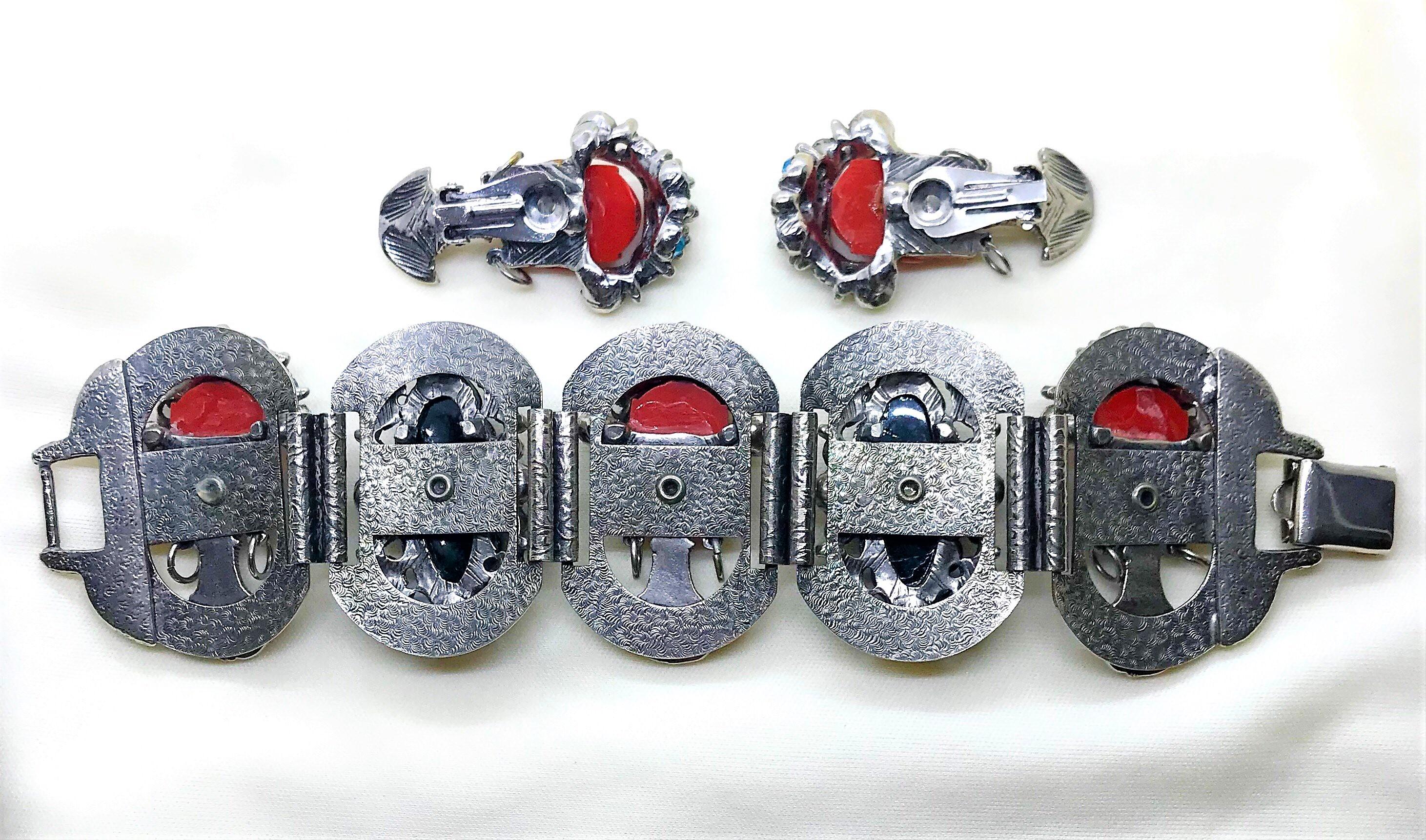 Circa 1940s Selro Asian Princess Red and Black Bracelet and Earring Set  2