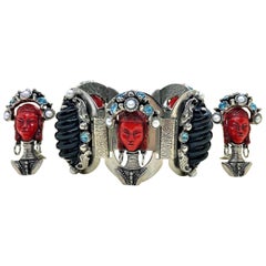 Vintage Circa 1940s Selro Asian Princess Red and Black Bracelet and Earring Set