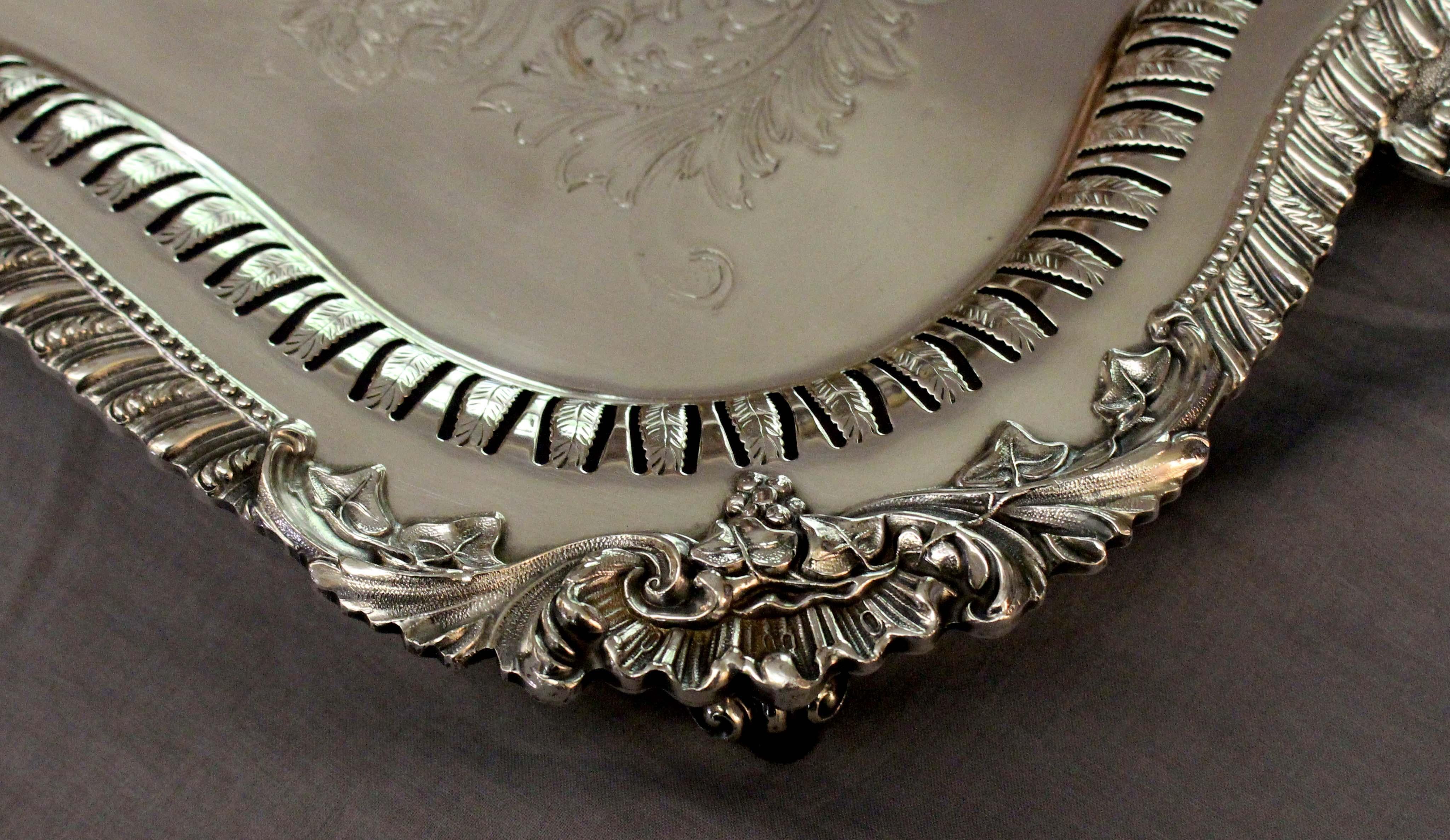 Circa 1940s Silver on Copper Tea Tray by the Crown Silver Co In Fair Condition For Sale In Chapel Hill, NC