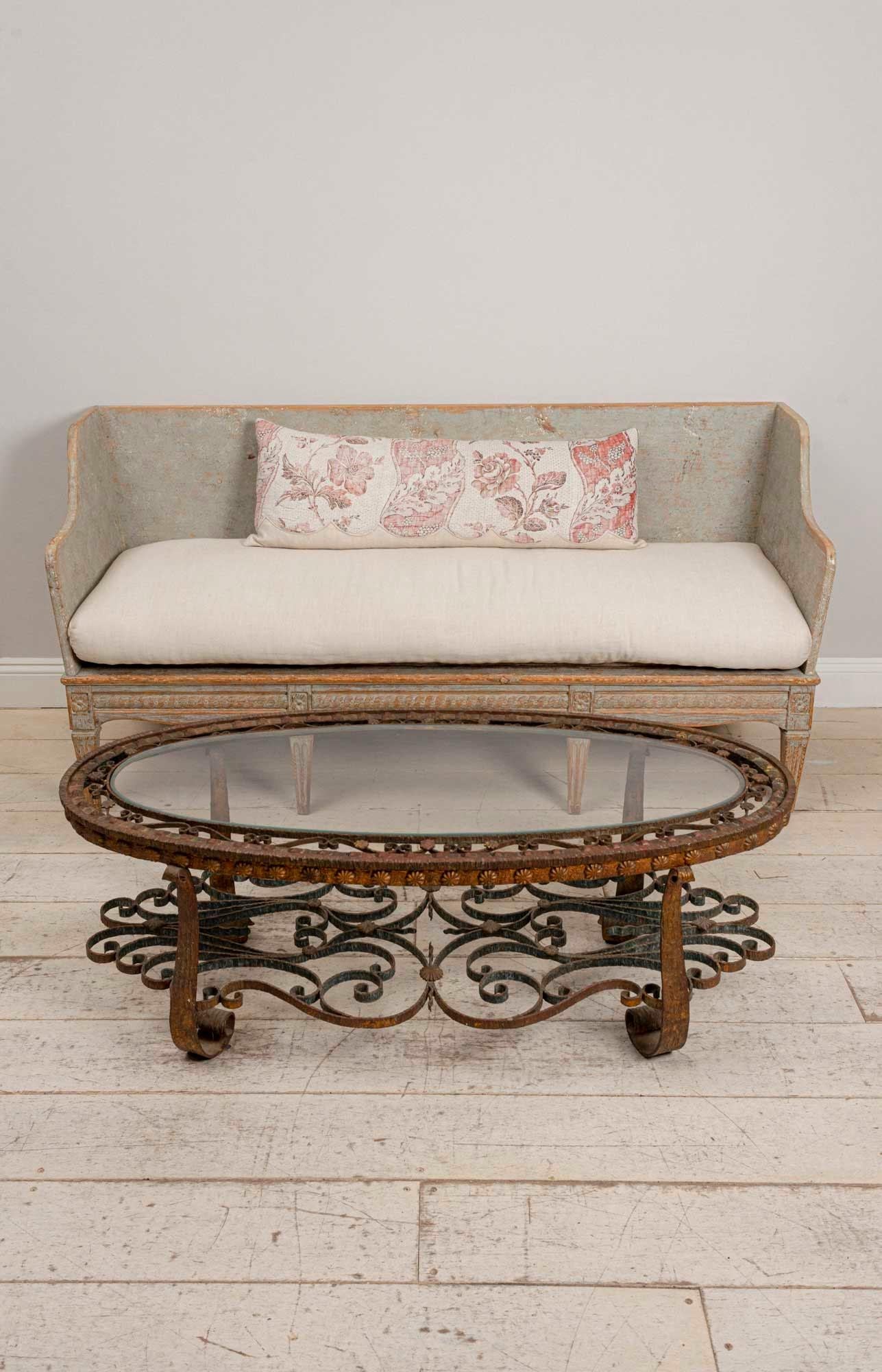 20th Century Spanish Oval Decorative Wrought Iron and Glass Coffee Table, circa 1940s For Sale