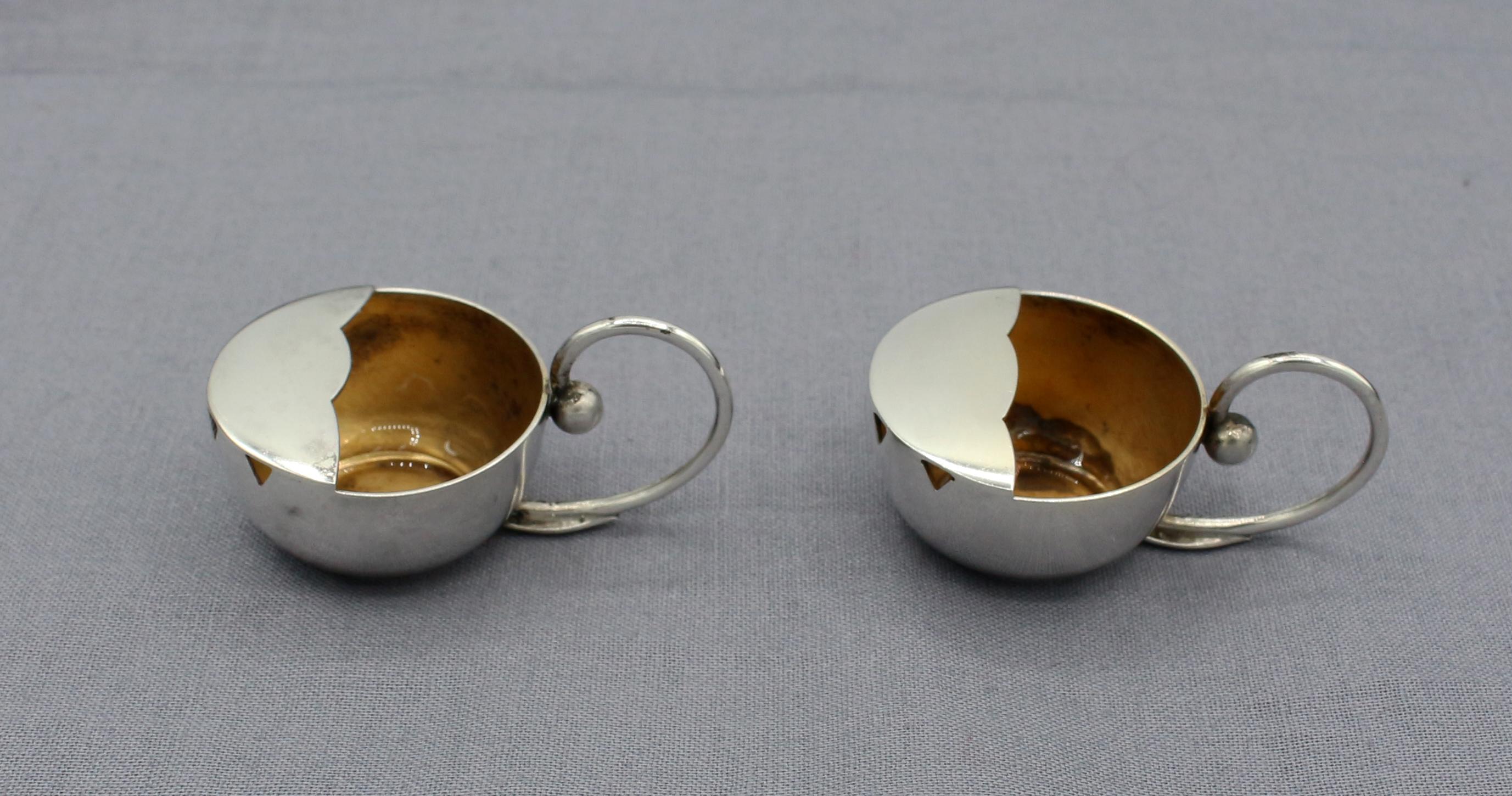 Danish Circa 1950-70 Pair of Sterling Salt Cups by Carl Poul Petersen For Sale