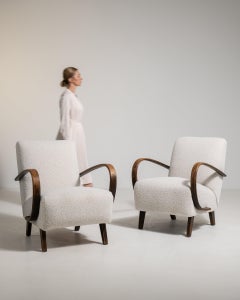 Circa 1950 Cream Wood Pair of Jindřich Halabala Upholstered Armchairs