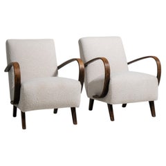 Circa 1950 Cream Wood Pair of Jindřich Halabala Upholstered Armchairs