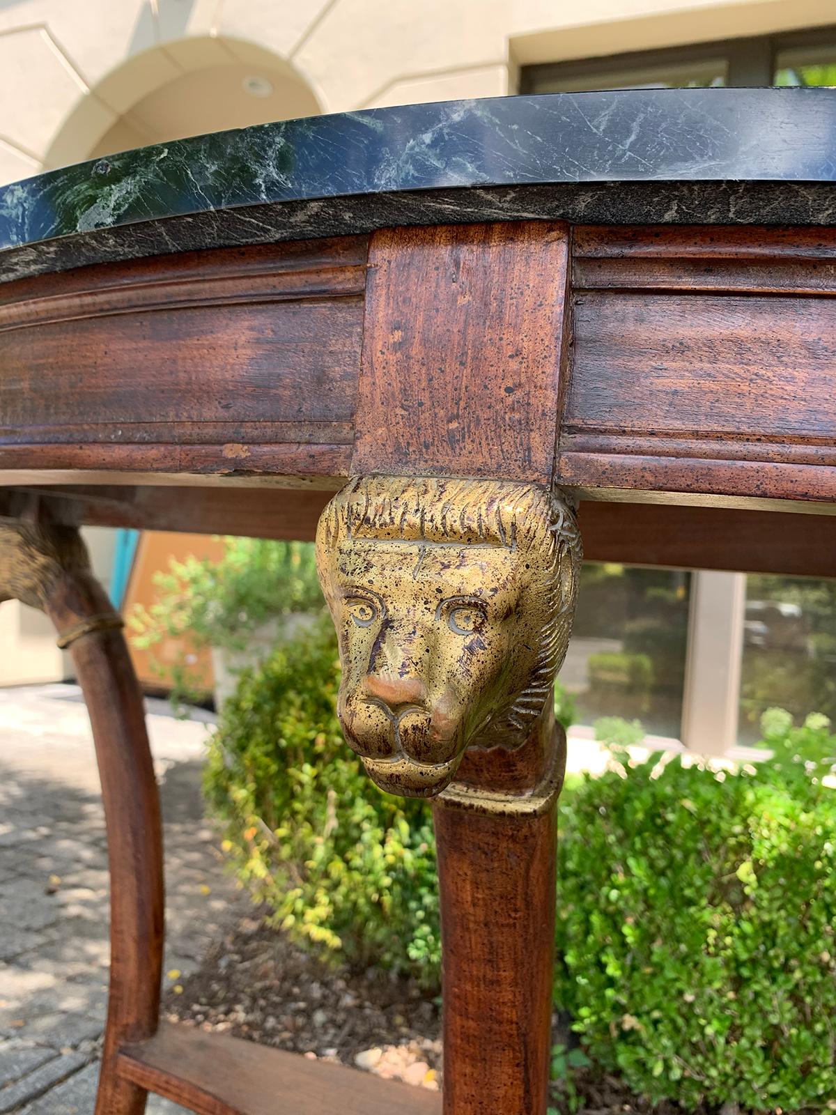 Italian Neoclassical Marble-Top Demilune Console, Lion Heads or Paw Feet For Sale 2