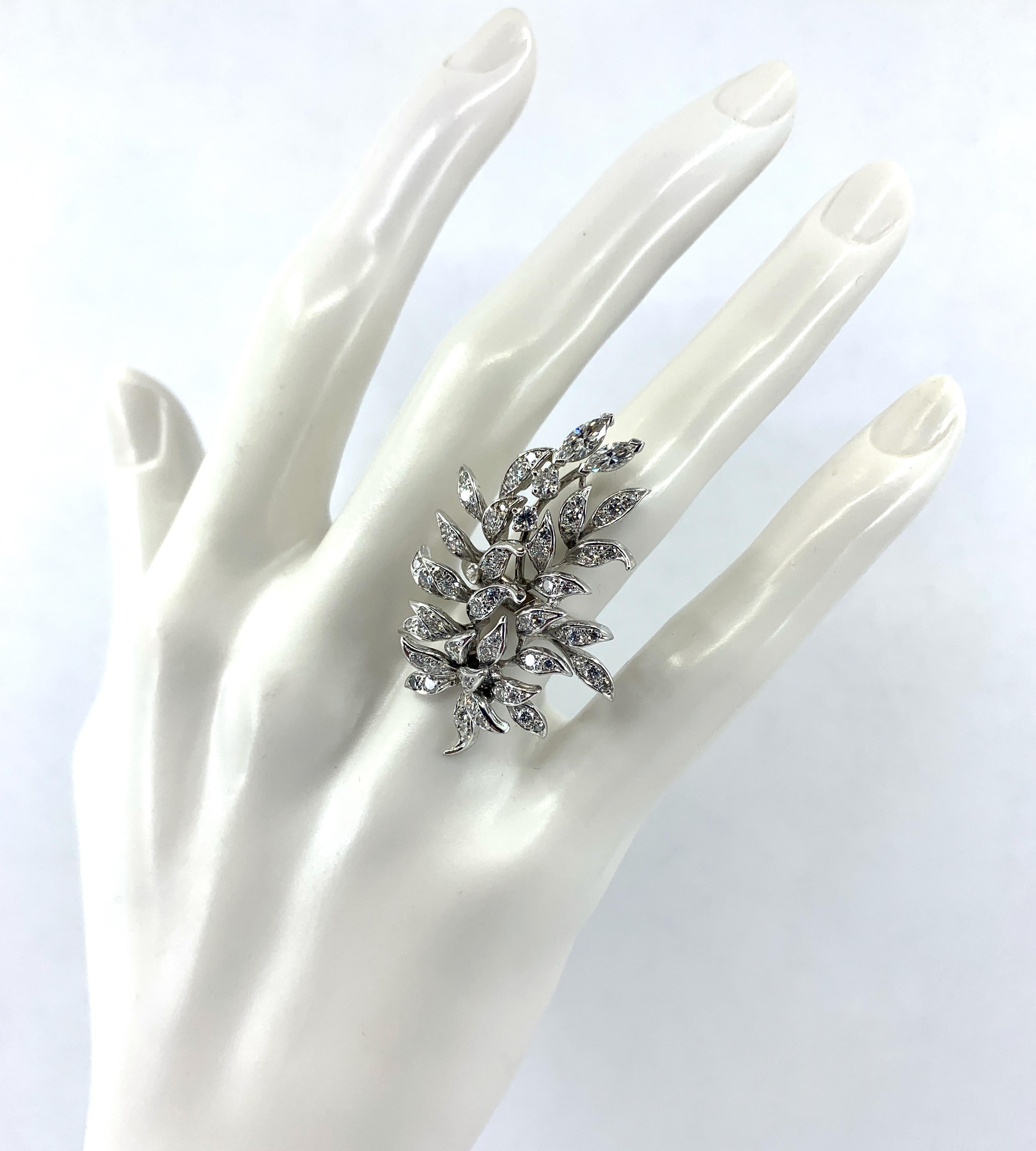 Brilliant Cut Leafy 1970s Cocktail Ring in White Gold with 1 Carat Full- & Single-Cut Diamonds