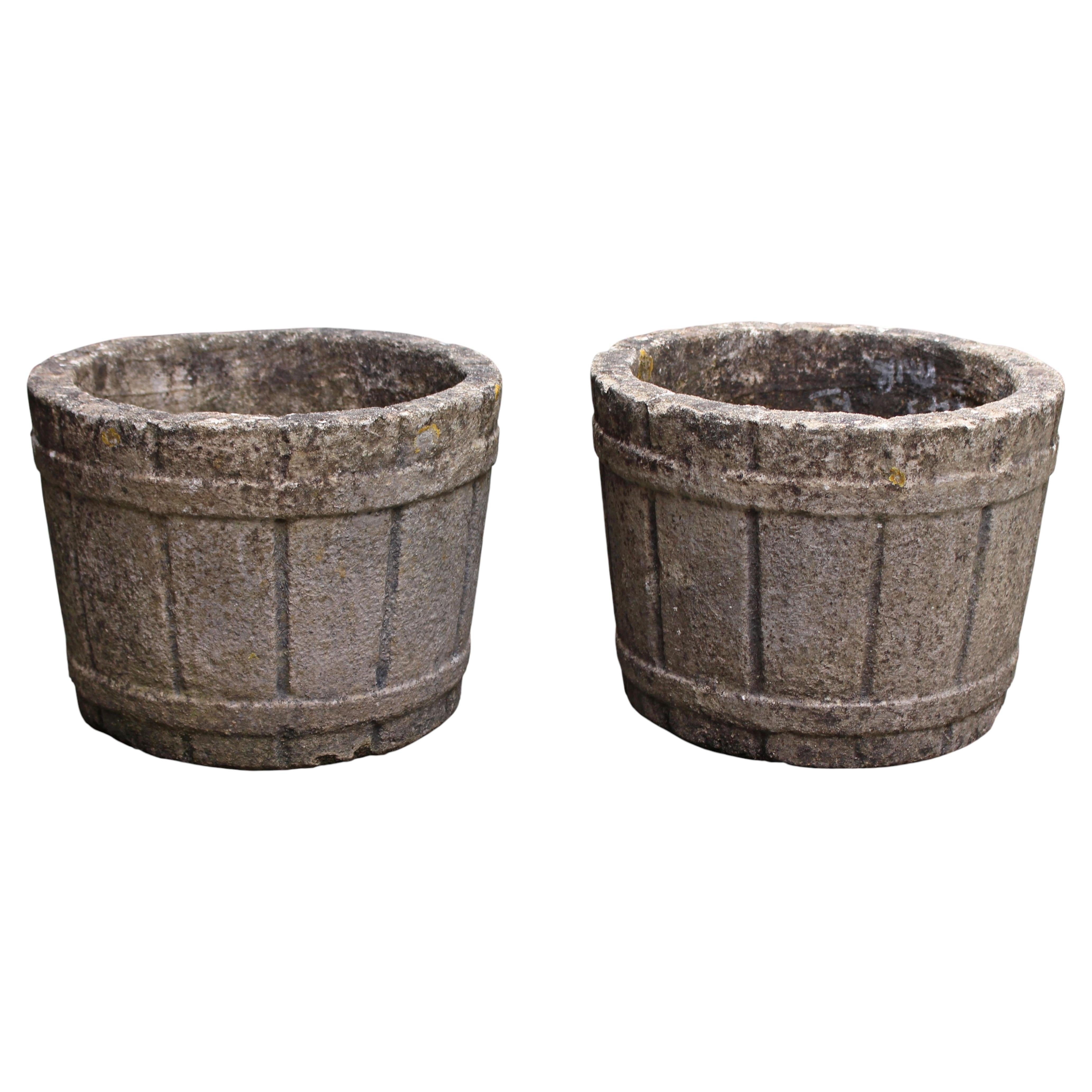 Circa 1950 Pair of English Cast Stone Barrel Form Planters