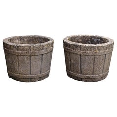 Circa 1950 Pair of English Cast Stone Barrel Form Planters