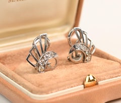 Vintage White Gold Earrings. Diamond Layered Fan Design Clip Earrings 18K Gold