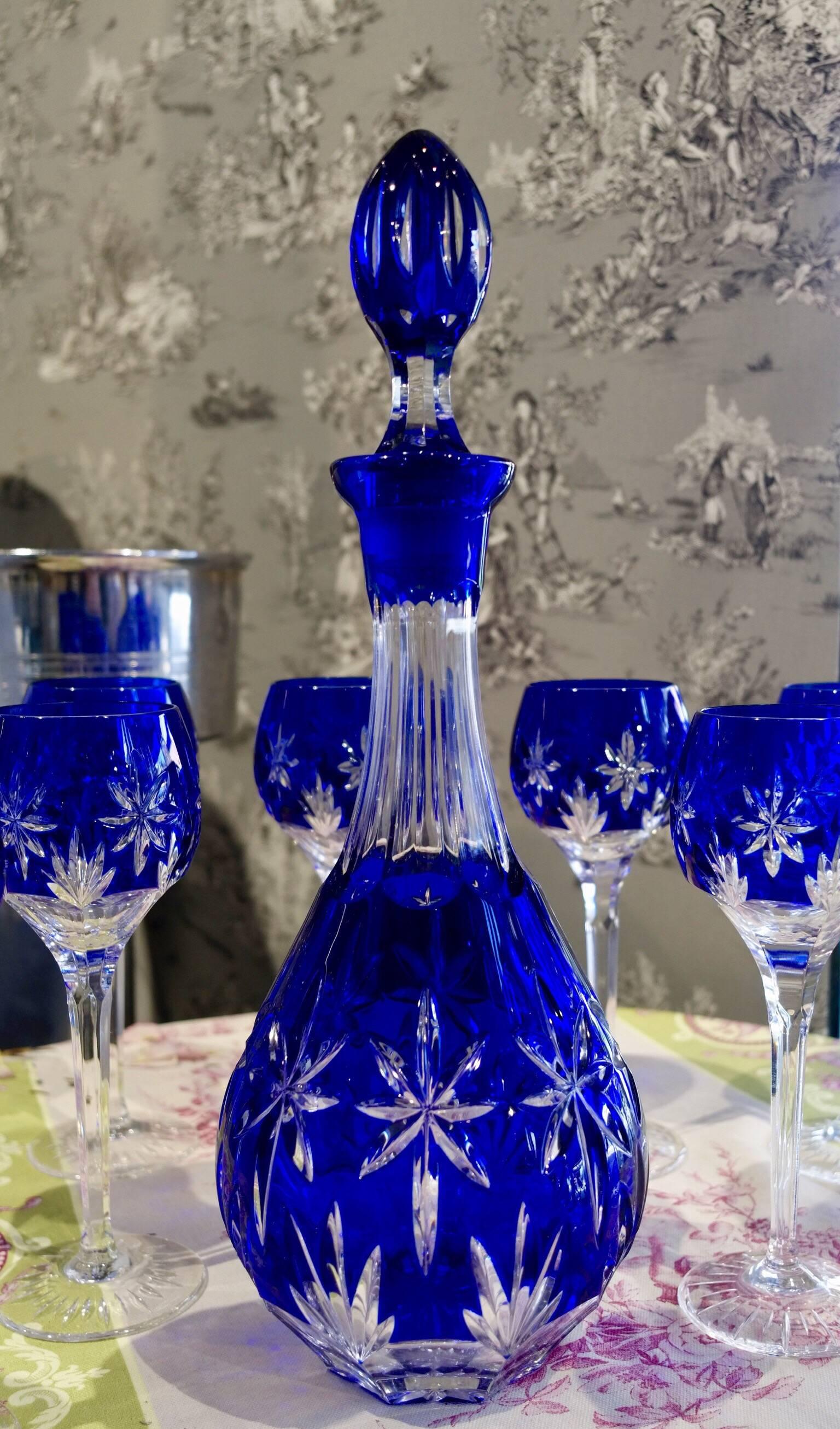 Bohemian Blue Crystal Engraved Service, One Carafe and 12 Stemmed Glasses, circa 1950