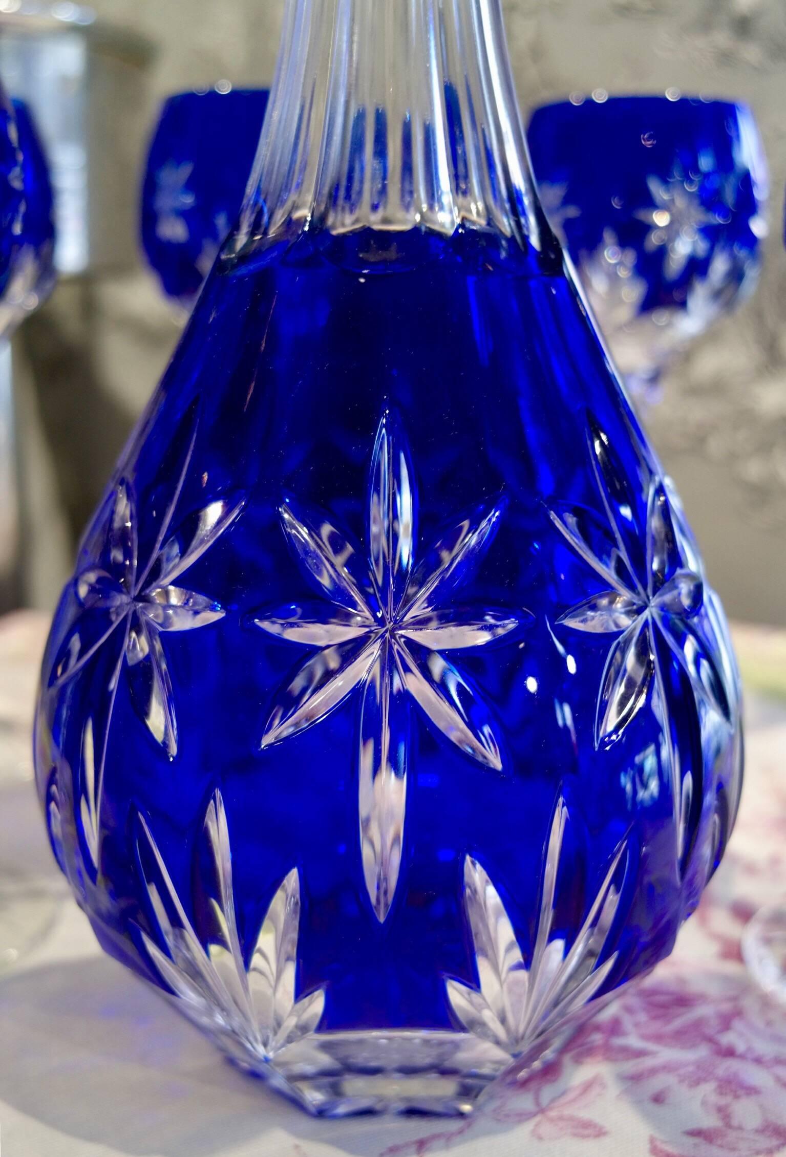 European Blue Crystal Engraved Service, One Carafe and 12 Stemmed Glasses, circa 1950
