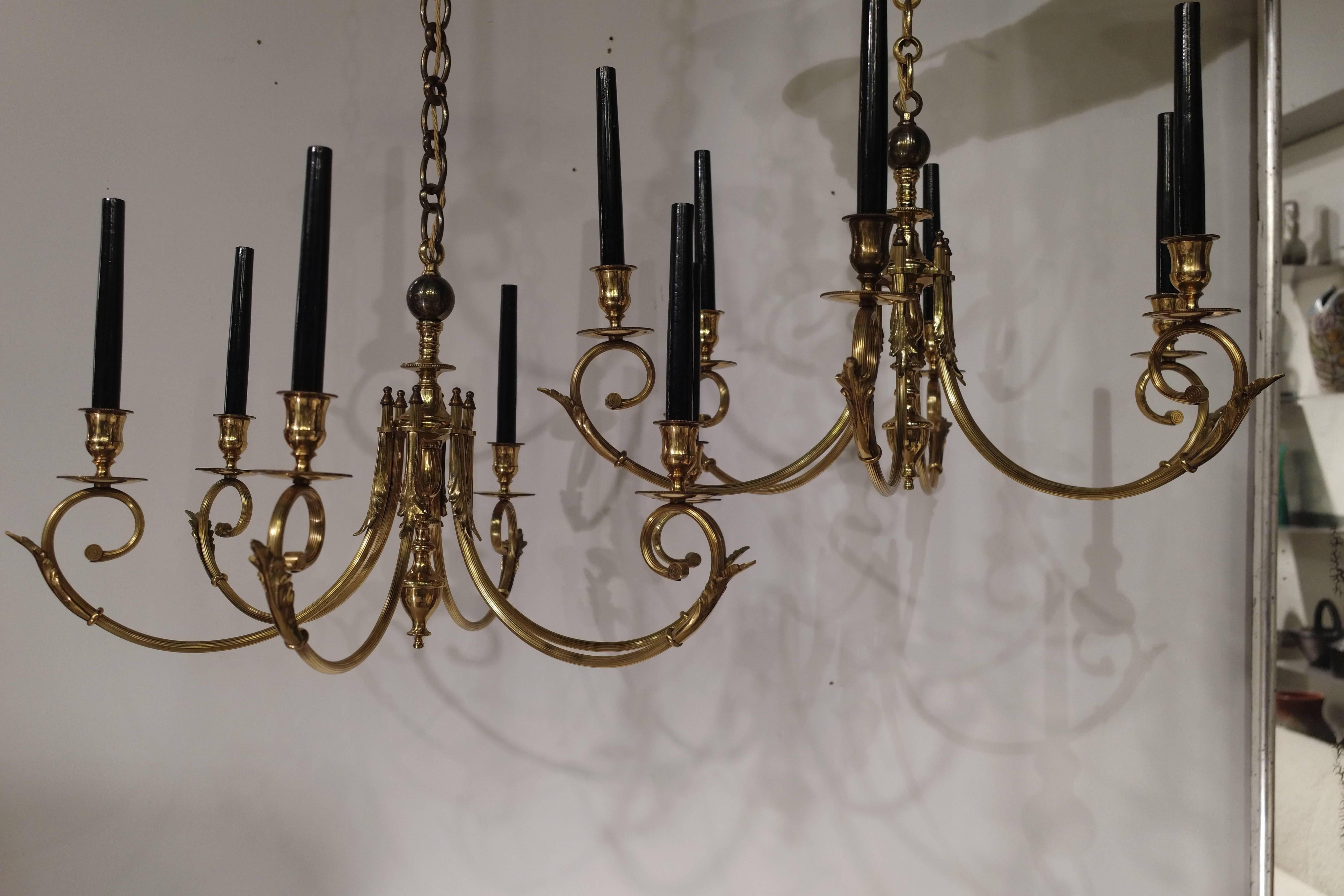 Midcentury, circa 1950, pair of golden with fine gold chandeliers, attributed to Maison Jansen.
In very good condition and re-electrified.
Neoclassical style.

Height without the chain: 40cm / 16inches.