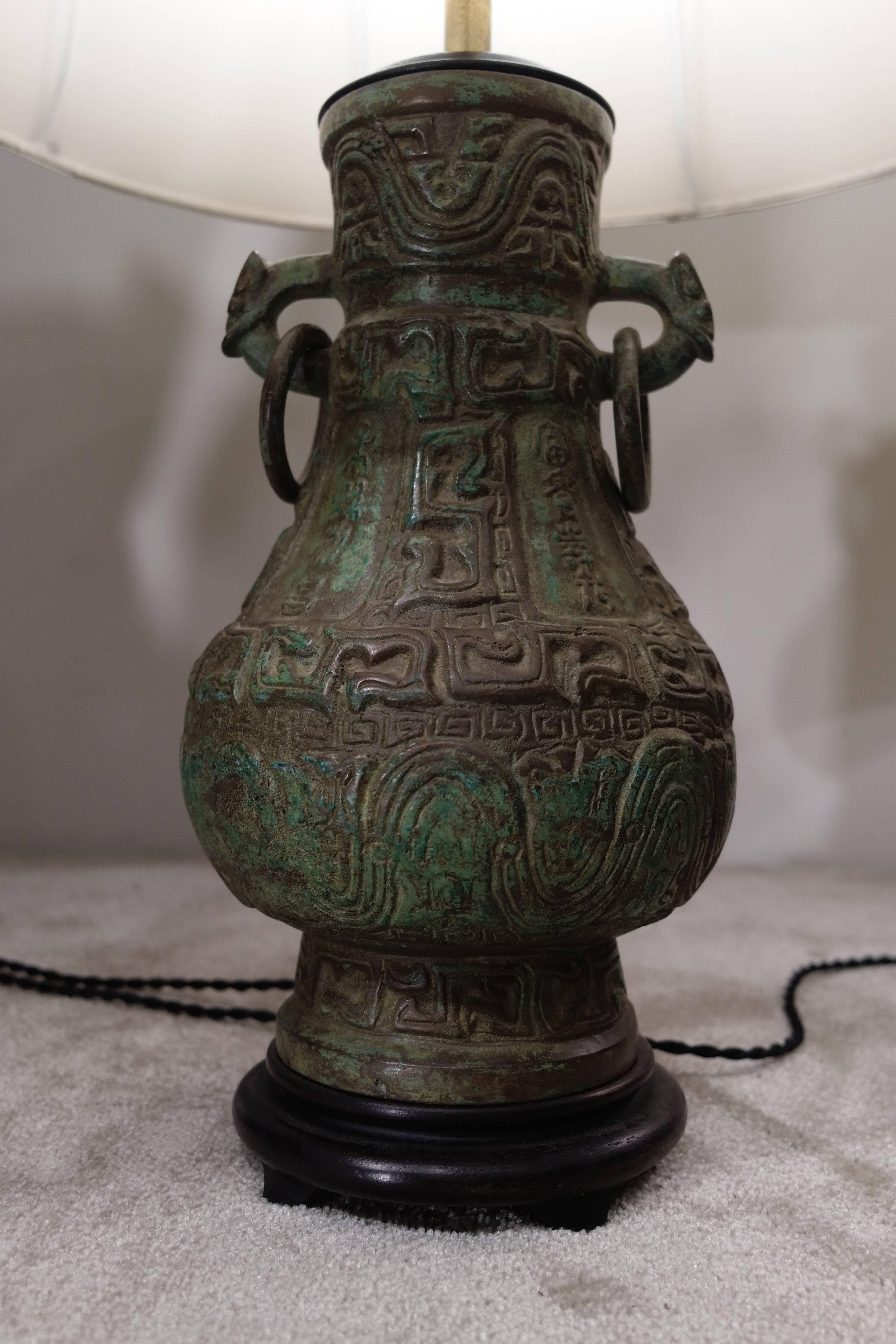 Chinoiserie Pair of Patinated Bronze Lamps in the Chinese Style with Lampshades, circa 1950