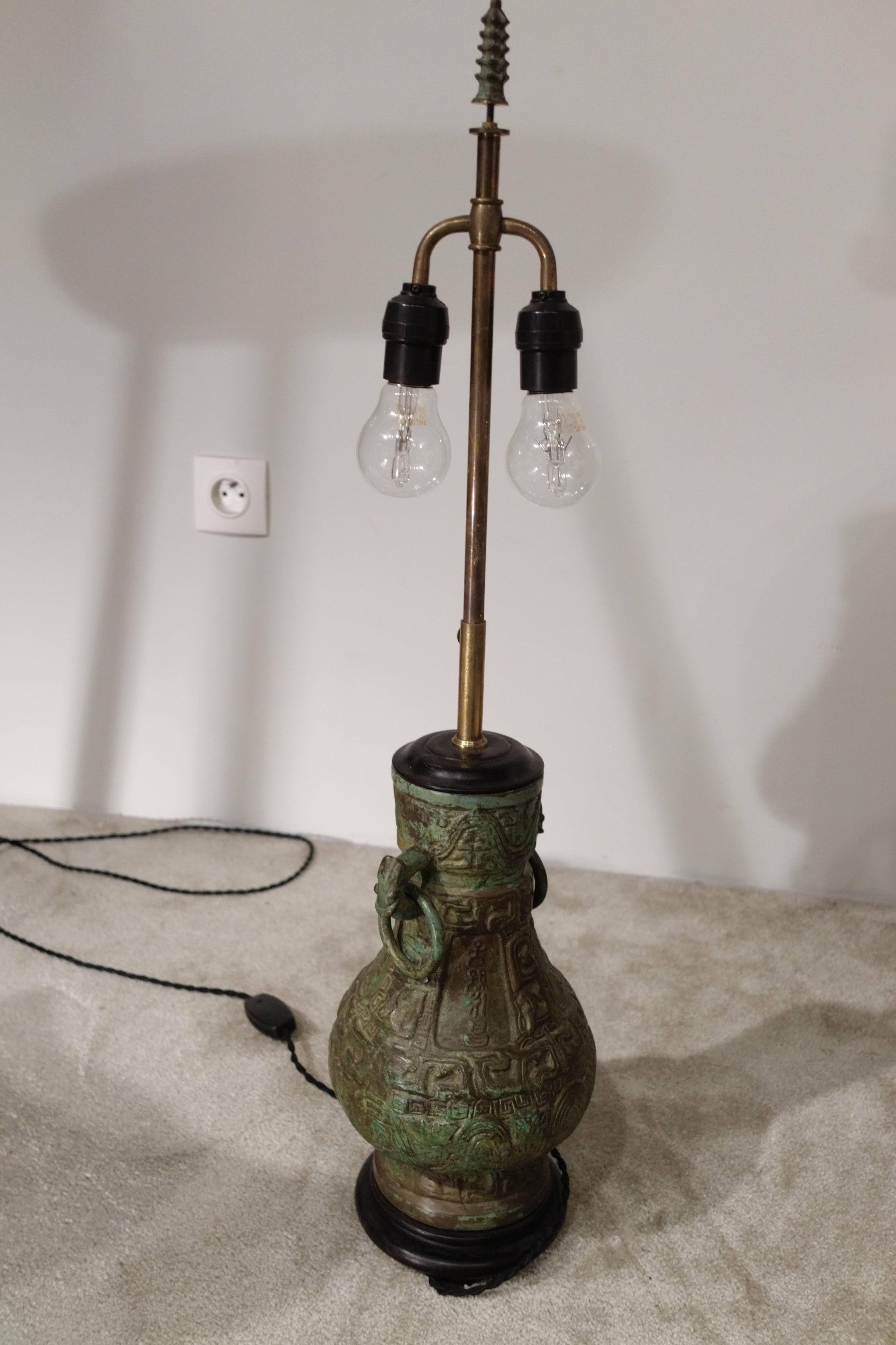 European Pair of Patinated Bronze Lamps in the Chinese Style with Lampshades, circa 1950