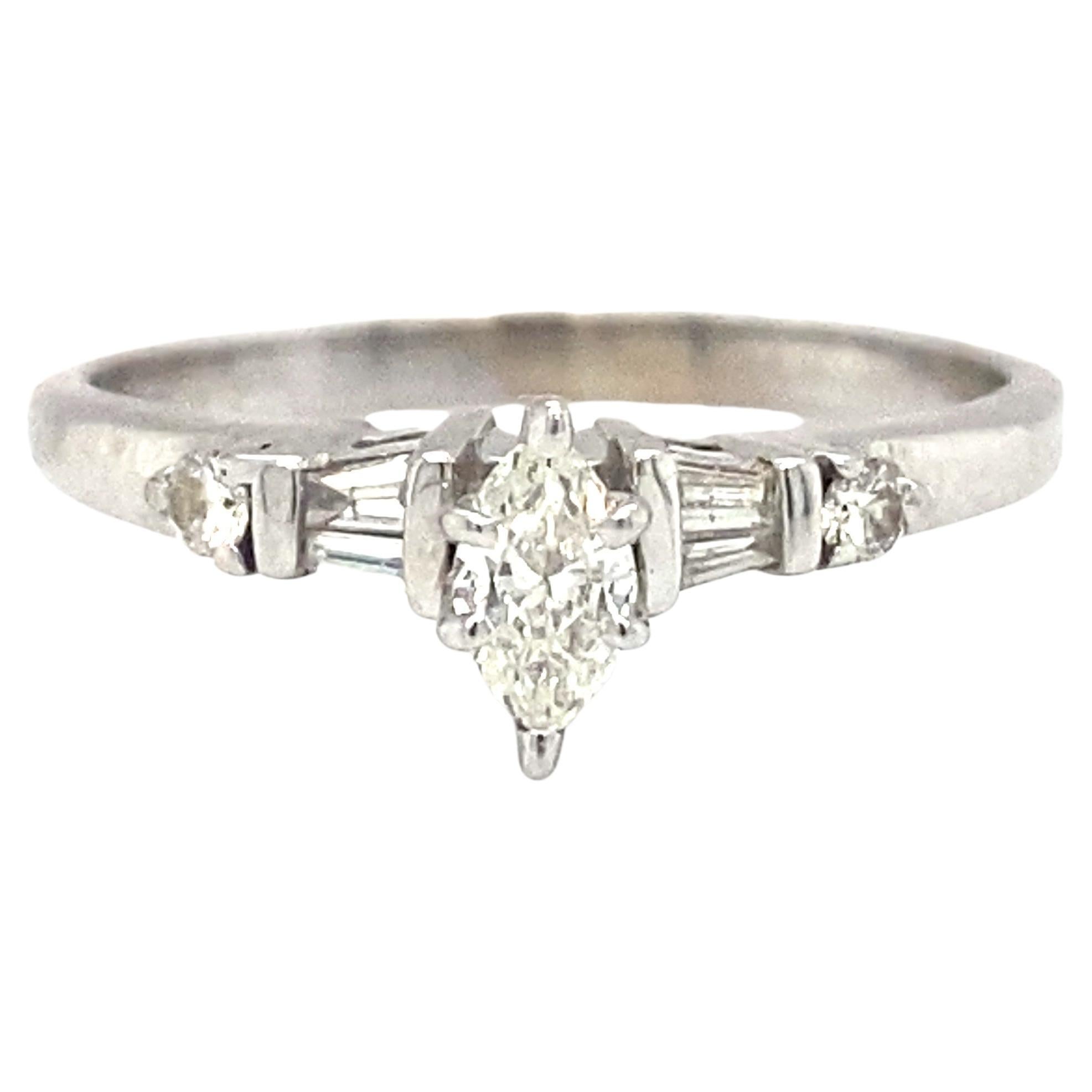 Circa 1950s 0.25ct Marquise Diamond Engagement Ring in 14K White Gold For Sale