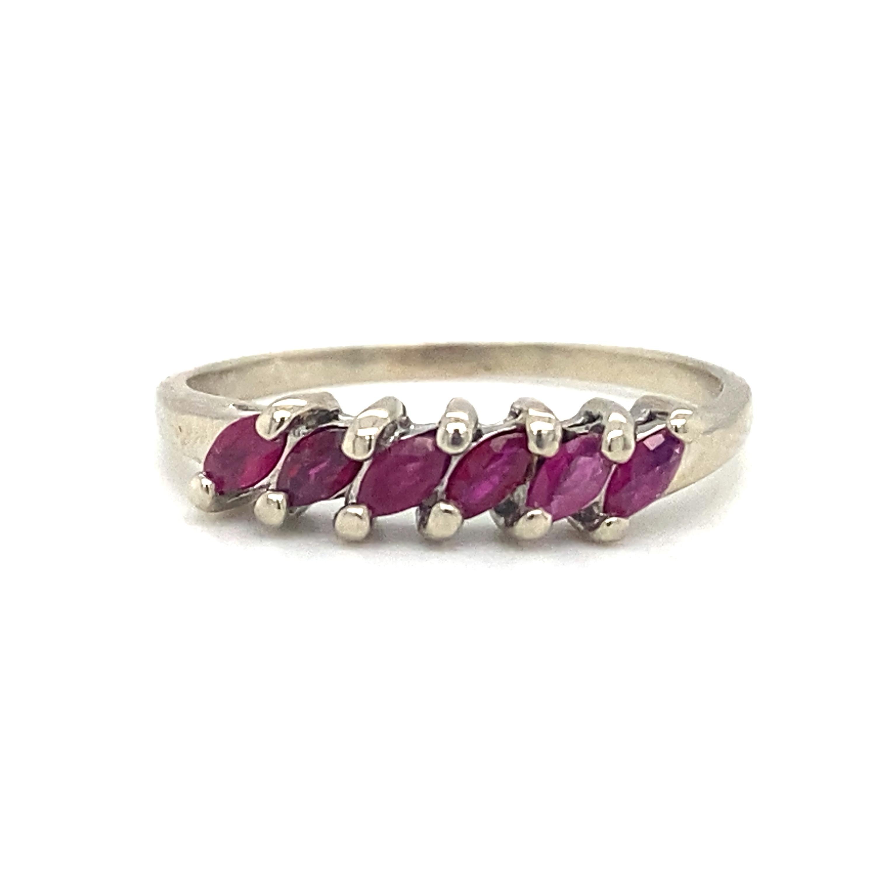 Marquise Cut Circa 1950s 0.30 Ctw Marquise Ruby Anniversary Band in 10K White Gold For Sale